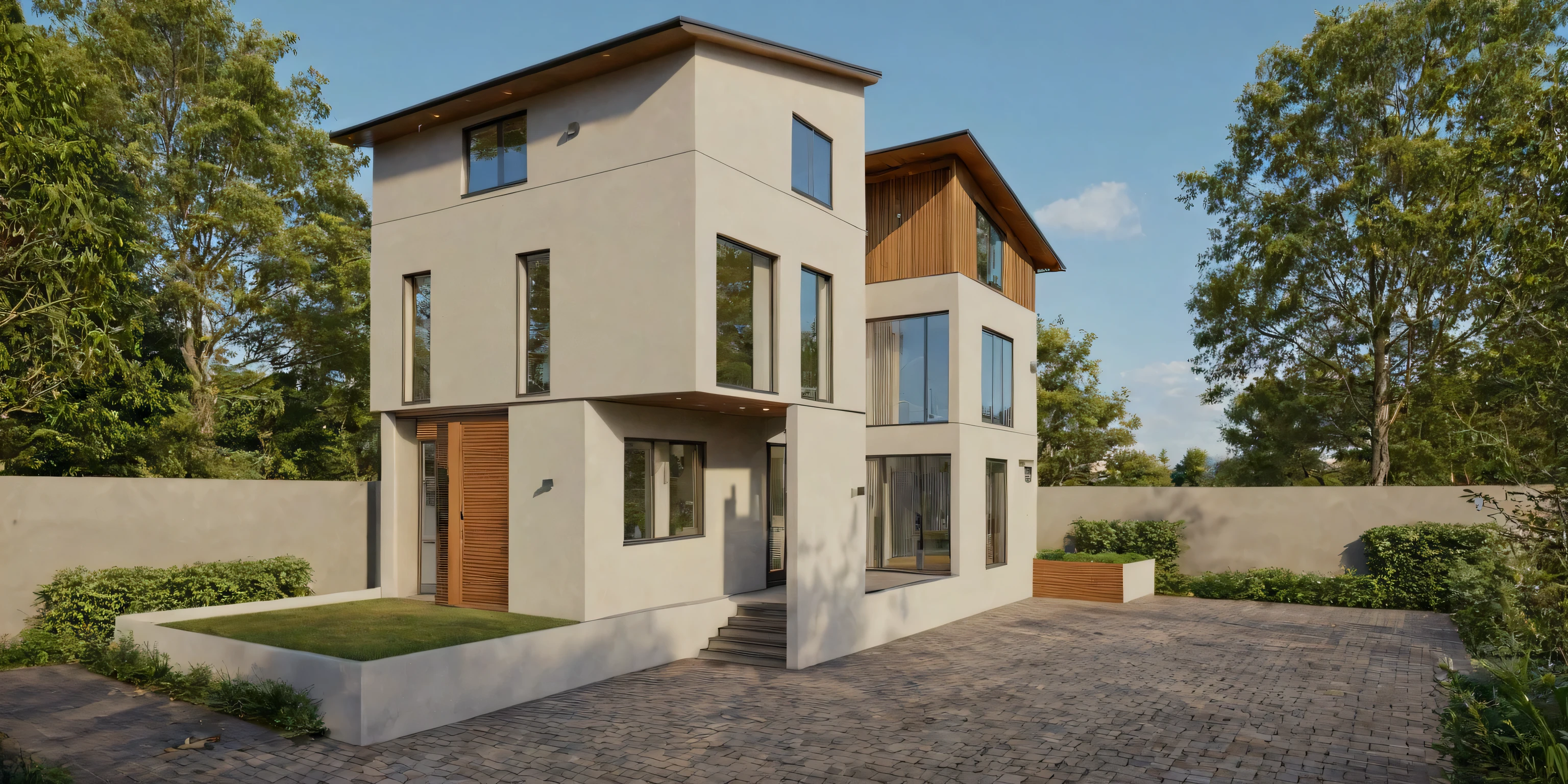 Photo brute,chef-d'artwork, high quality, best quality, authentique, Great detail,
outside, en plein air, style de maison moderne dans la rue, glass windows, grille, plafond en bois,
route,pavement, des arbres, ciel, nuage, (day light:1.1)