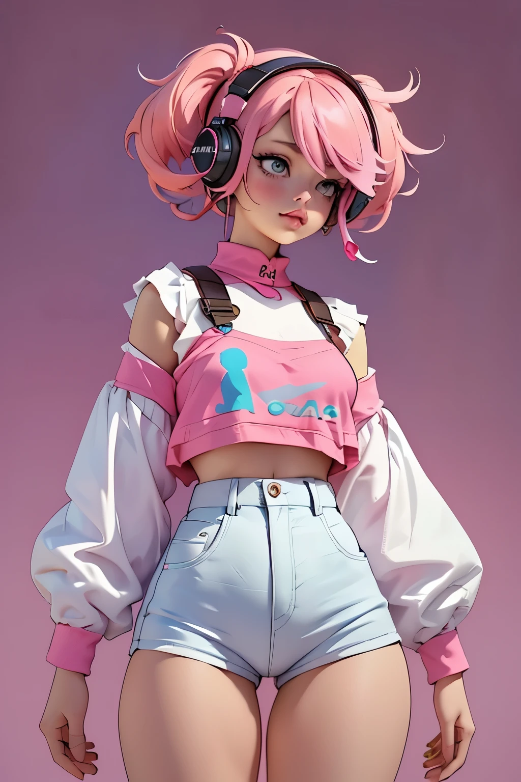 ((Better Quality)), ((masterpiece)), ((Realist)) Detailed photo of a girl wearing neon headphones. whole body. (Pink Hair)), Wearing vintage pink and blue clothing, And create an atmosphere ((beautifully、aesthetic)) , curvaceous silhouette, Layered