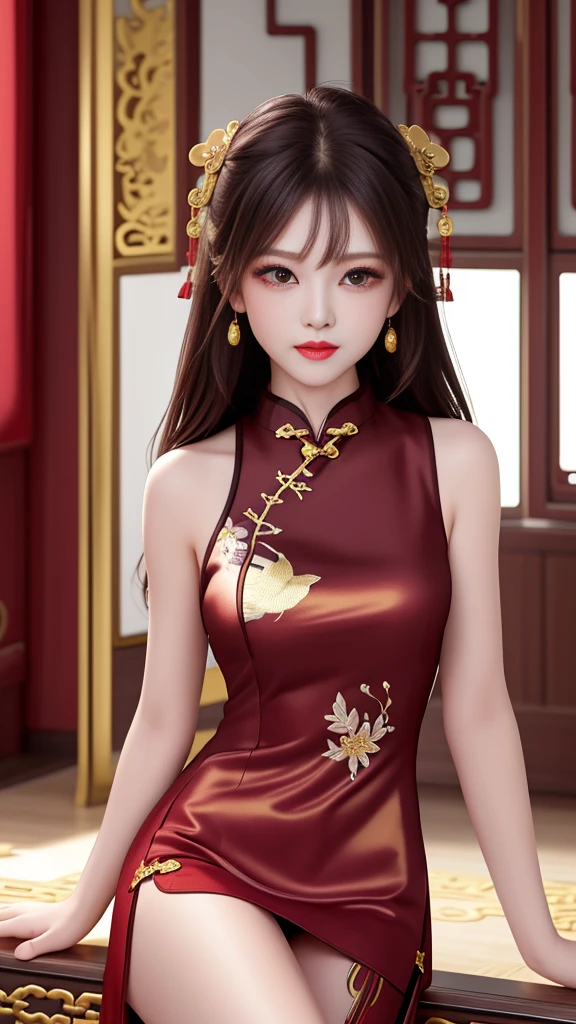 High Detail,8K resolution,Ultra-high resolution,Hmong girl, a cute girl，Ball Head，Lipstick，necklace，black clear eyes，smooth hair,clavicle,Exquisite and perfect facial features, The most beautiful big eyes,Long eyelashes,The eyes are sweet and there are lying silkworms，Dynamic angle,Ultimate image quality,Highest precision,Precise and perfect human anatomy，(((business attire，Slim fit cheongsam，Deep red with gold embroidery)))，((sit))，Warm scene，Ultra-high resolution