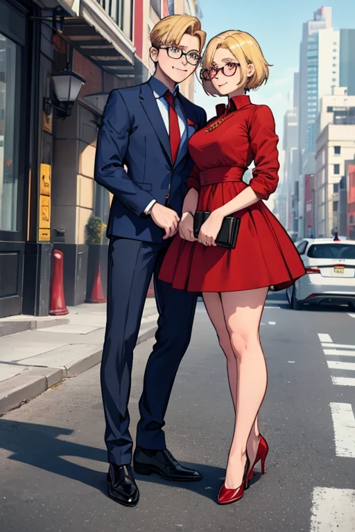 male, blonde short hair, blue eyes, (((1boy))), (((red dress shirt))), (black dress pants), (yellow tie), (brown shoes), (glasses), long legs, smiling, single person