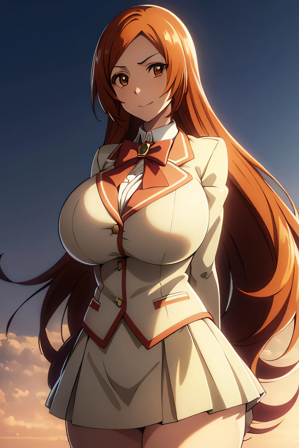 inoue orihime, inoue orihime, Long hair, Orange hair, (Brown eyes:1.5), Take off your uniform, Blazer, bow ribbon, Neck ribbon, Bow, bowtie, Red bow, grey blazer, grey skirt, looking at the viewers, BREAK (masutepiece:1.2), Best Quality, High resolution, Unity 8k wallpaper, (Illustration:0.8), (Beautiful detailed eyes:1.6), extra detailed face, Perfect Lighting, extremely details CG, (Perfect hands, Perfect Anatomy),Smile with open mouthplein air、outside of house、(huge-breasted:1.3), (big breasts:1.3)、(Naughty thighs:1.3)、plein air、blue-sky, shiny oily skin with high contrast,, huge long breasts,