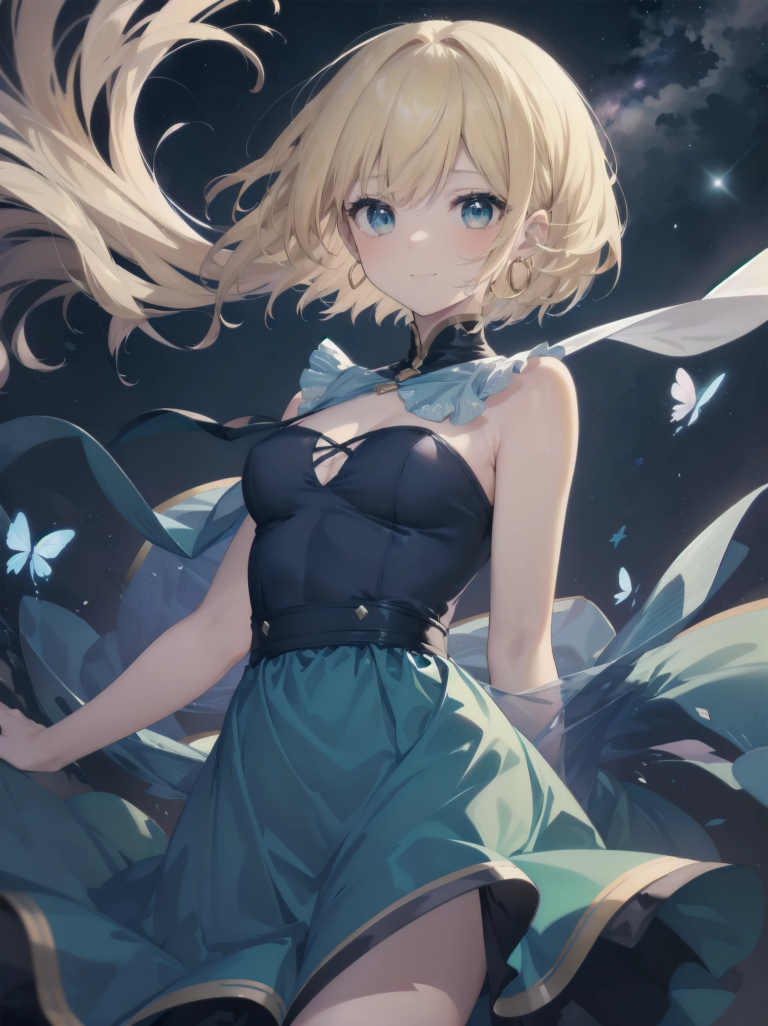 Masterpiece, Top Quality, High Resolution, Super Dimensional Face, Cute Eyes, Very Beautiful Girl in Long Blue Dress Anime Character, One Beautiful Girl, Long Dress, Solo, Blue Dress, (Bob-cut Hair:1.1), Amber Eyes, Gazing, Blonde Hair, ((Hair Fluttering in Wind)), , Medium Chest, Hoop Earrings, Fluttering hair, Night sky, Meteor shower, Fantastic, Phantom moon, Light smile, Dynamic, Fantasy, Otherworldly, Mysterious place