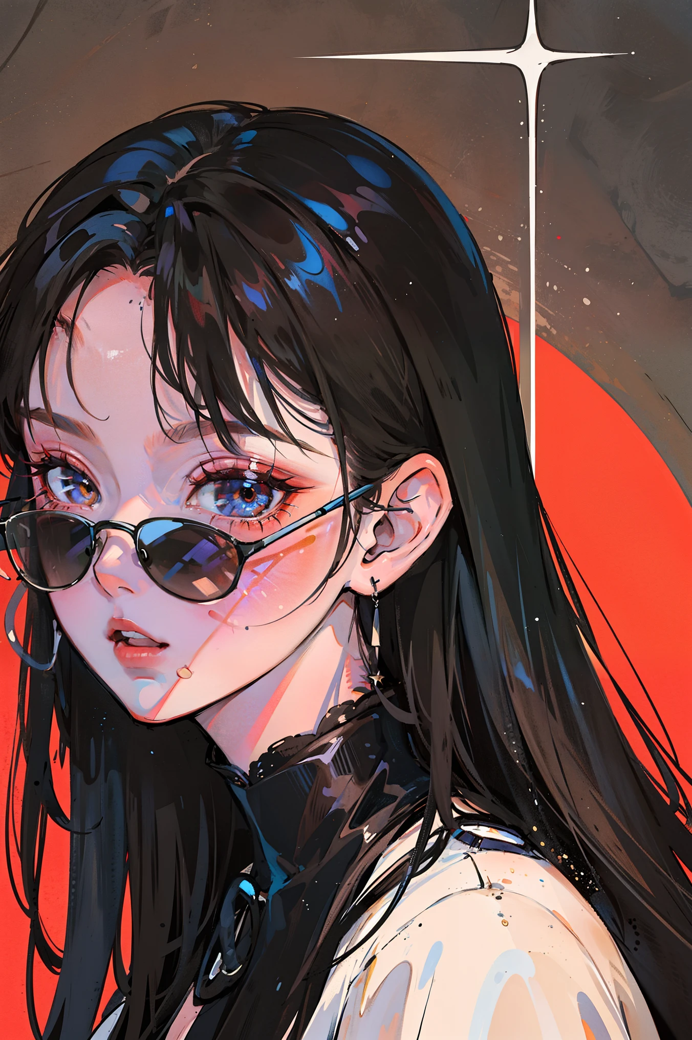 (Portraits:1.4), (masterpiece:1.2, best quality:1.2), from above, upper body, 1girl, Look up, face focus, extremely detailed face, extremely detailed eyes, good-looking, make up, brown eyes, sunglasses, fashion wear, earrings,long black hair,bangs