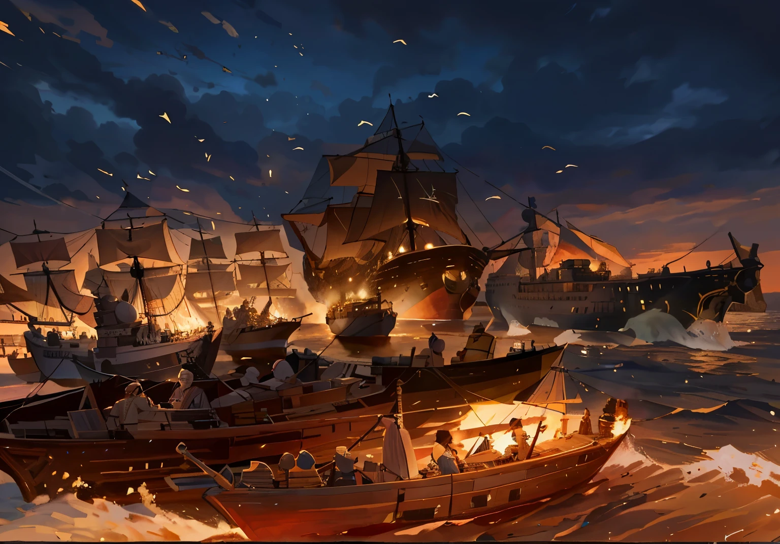 arafed image of boat with passengers in water, Epic naval battle, a queda de Constantinopla, epic battle scene, Ships fighting at night, author:Luis Miranda, Detailed game art illustrations, Epic Viking battle scenes, An ancient city on fire, Burning Ships, author:Roman Bezpalkov, Kerem couplet