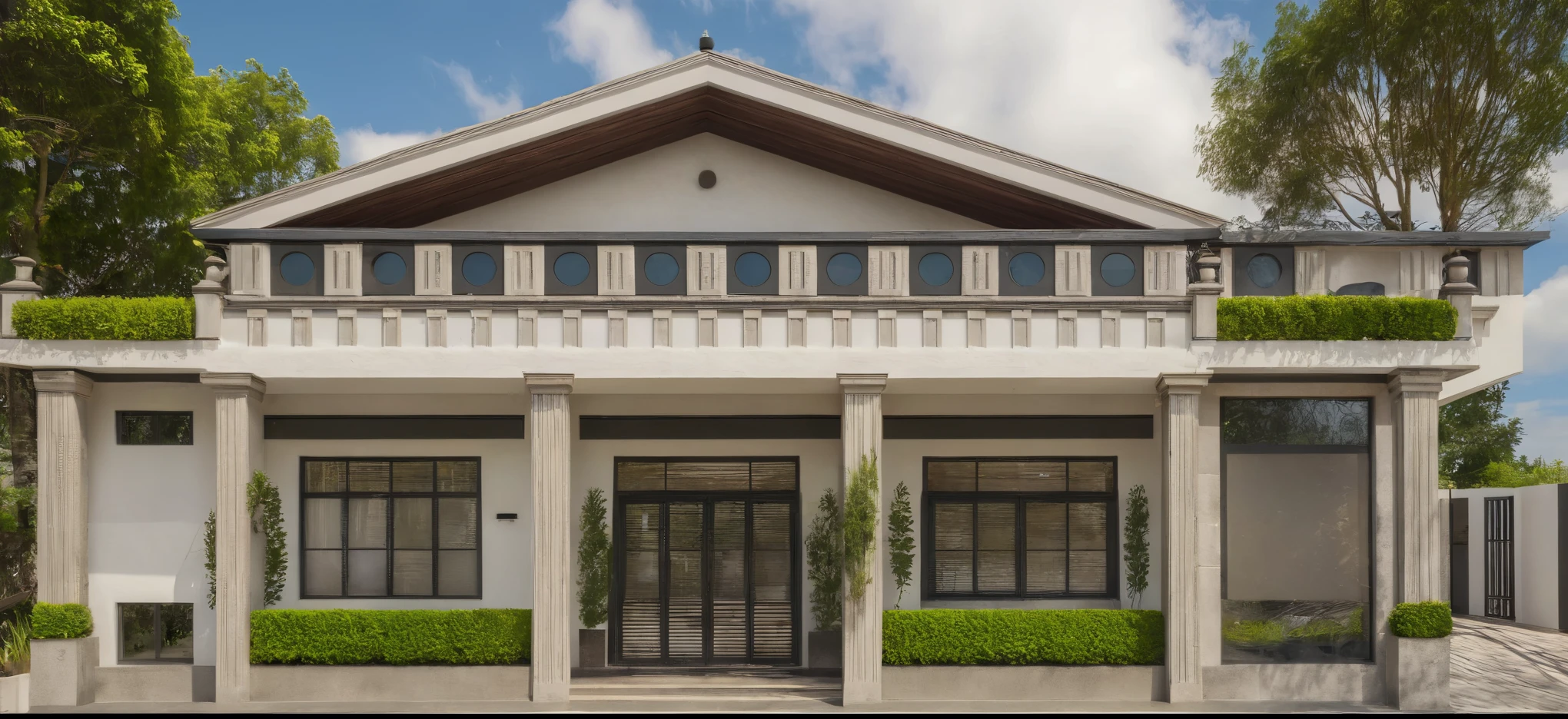 Masterpiece, high quality, best quality, authentic, super detail, outdoors, house style modern,bietthuhn, white wall, glass windows, gate road,pavement, grass, trees,blue sky, cloud, (day:1.1), realistic lighting