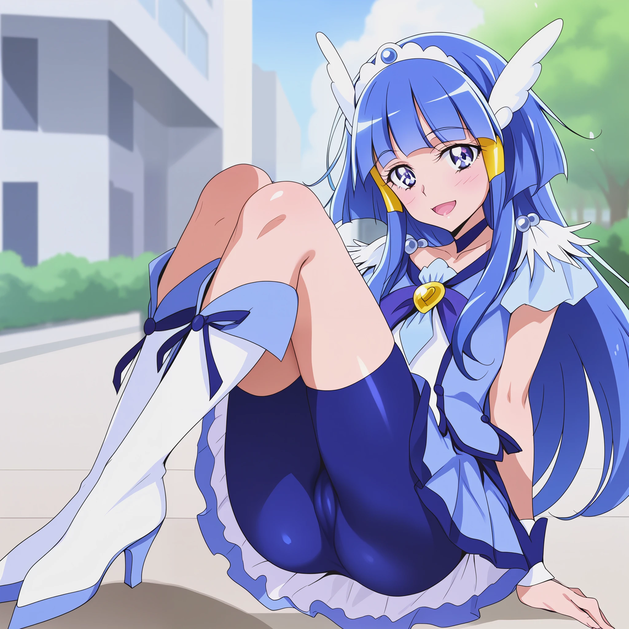 score_9, score_7_up, masterpiece, best quality, source_anime, beautiful detailed eyes, anime screencap, BREAK AR-CB, 1girl, blue eyes, (long hair:1.1), hair tube, sidelocks, blue hair, blunt bangs, hair ornament, head wings, tiara, blue choker, (blue neckerchief:1.1), blue shorts, blue skirt, bike shorts, shorts under skirt, blue wrist cuffs, knee boots, BREAK flat chest, smile, blush, open mouth, head tilt, cameltoe, pantyshot, wide stance, (sexy pose:1.2), BREAK wind lift, outdoor, city, street, building,