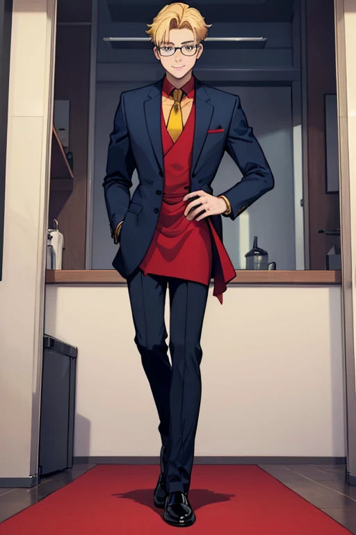 male, blonde short hair, blue eyes, (((1boy))), (((red dress shirt))), (black dress pants), (yellow tie), (brown shoes), (glasses), long legs, smiling, single person