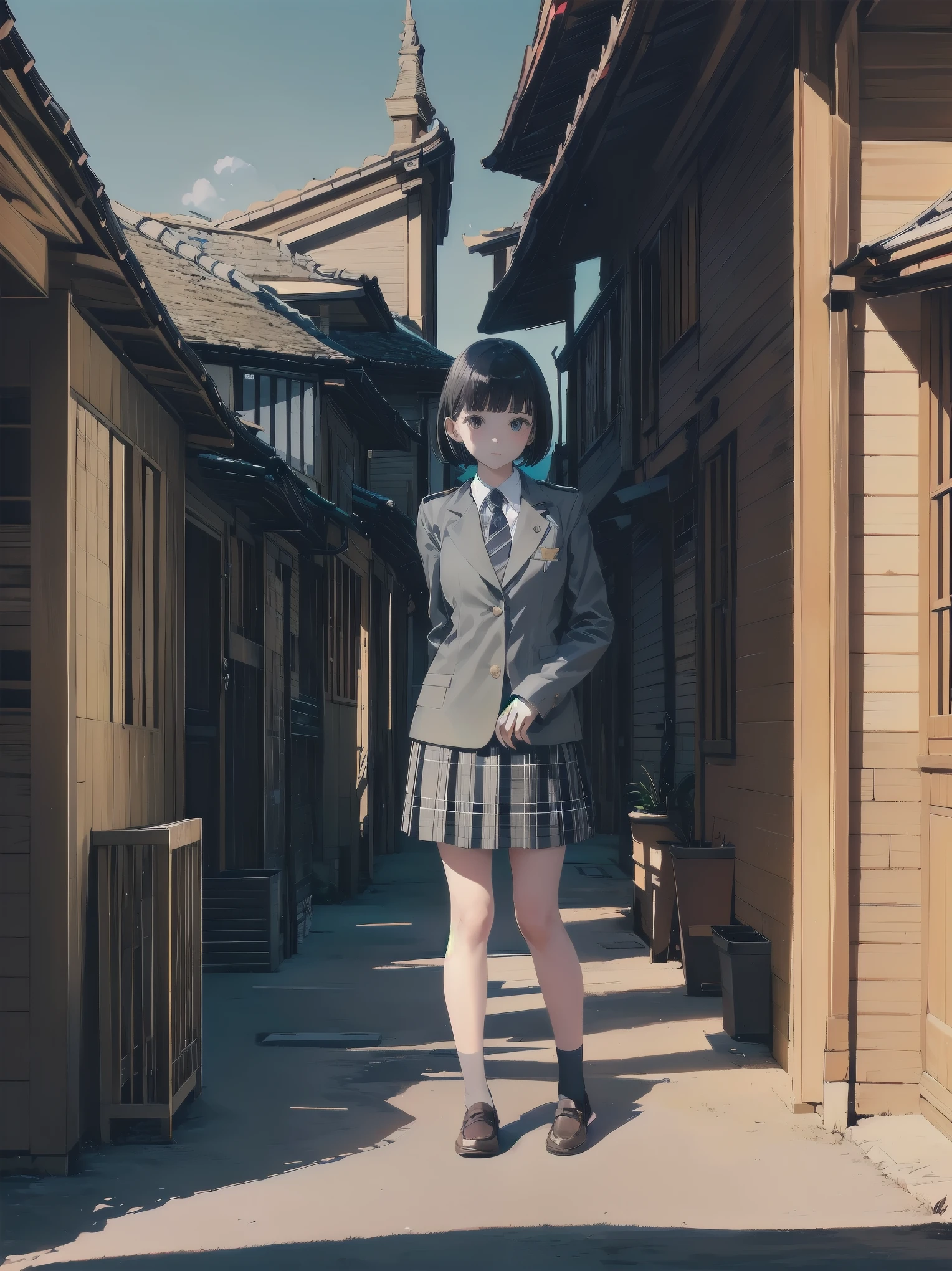 Top-High quality、Highest quality、masterpiece、High Contrast、Colorful、Elegance、Sexy expression、high school girl、Beauty、Bob cut braids、uniform、(red blazer)、Ribbon tie、(Green and gray plaid skirt)、(black tightovie-like shadows、fine shading、cute、Truly unbelievably cute absurd、outside、school trip、national treasures、Traditional buildings、blue sky