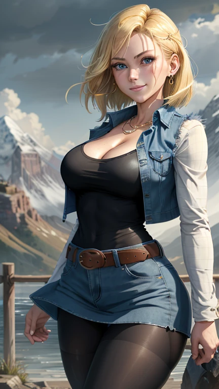 1940s pinup girl, short blonde hair, 30 years old, semi athletic build, high cheekbones, beautiful face, chubby, large , 5 foot height, light blue eyes, gray skin tight shirt, khaki tight shorts, tactical belt, boots, standing in the mountains, outdoor, (best quality,4k,8k,highres,masterpiece:1.2),ultra-detailed,(realistic,photorealistic,photo-realistic:1.37),dramatic lighting,dramatic color palette,highly detailed portrait,cinematic lighting,cinematic composition,intricate details,striking pose,cinematic environment, cleavag