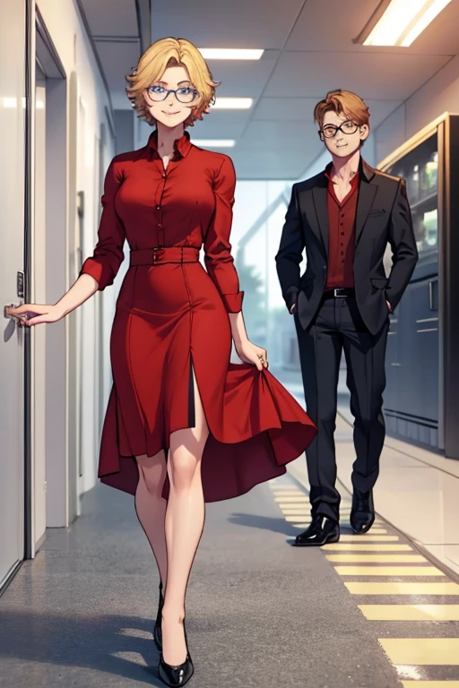 male, blonde short hair, blue eyes, (((1boy))), (((red dress shirt))), (black dress pants), (brown shoes), (glasses), long legs, smiling, single person