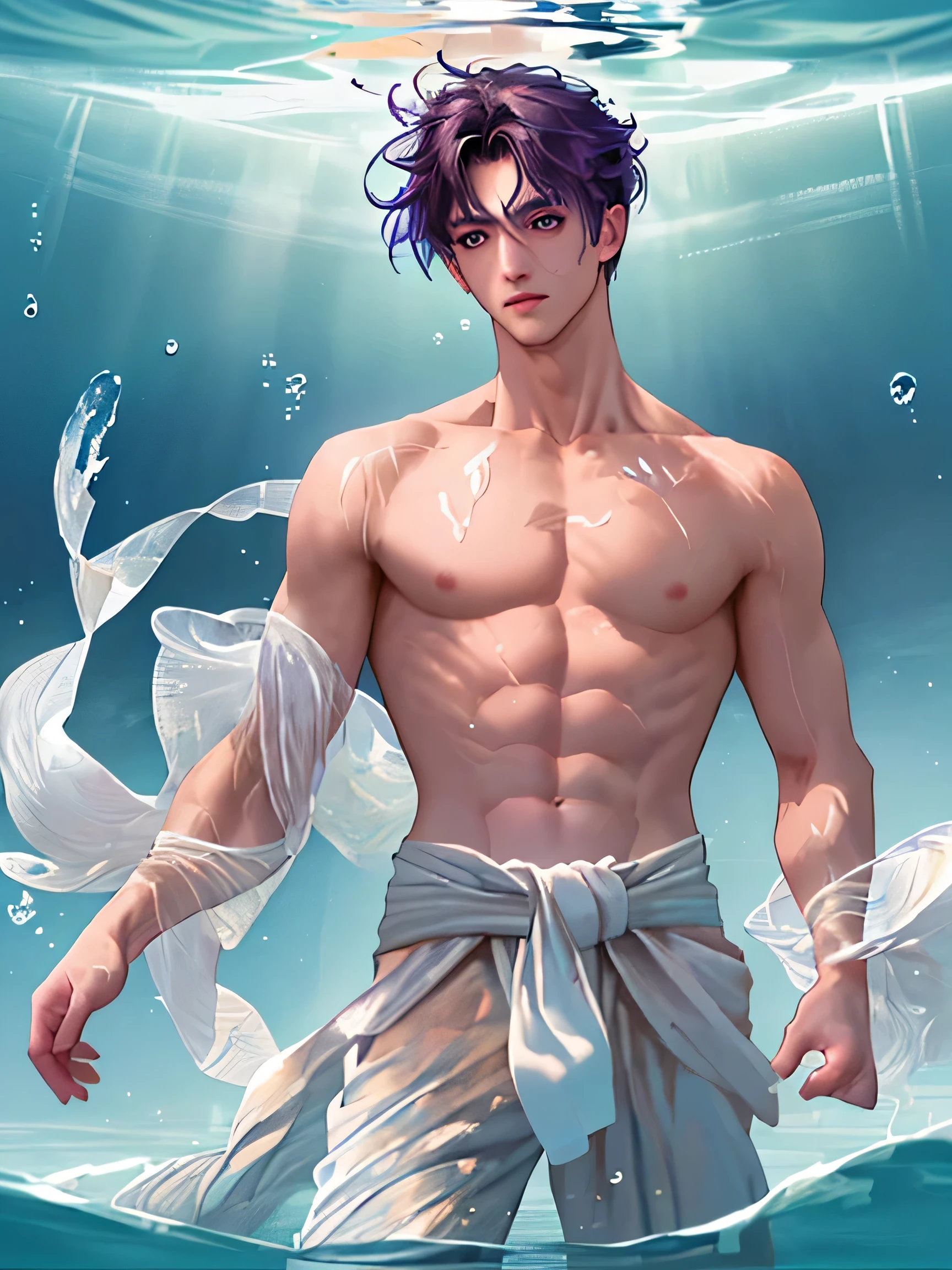 masterpiece, highest quality, 1 person, ((youth)),1man, Mature Men,(2D),pixiv illustration,Dark purple hair,insanely handsome,Handsome,Well-proportioned face,In the water,naked torso,(((Bust Shot))),(((He stands))),(((looking diagonally upwards))),(((Looking up from below))),Flexible muscles,a little muscle,Detailed Background,((topless)),(((topless))),Looking up at the water surface,wearing an antique loincloth,She is wearing long white Arabian sarouel pants.,((the water is above your head)),In the waterに浮かぶ, ((In the waterPhotography)),Falling into the water,Glowing bubbles,Graceful Movement,Soft and fantastic lighting,Bright colors,Water Ripples,under water, Submersion, Many blisters,In the waterに沈む,The palace is submerged behind,In the waterSwimming,Immerse yourself in crystal clear water,Short neck,