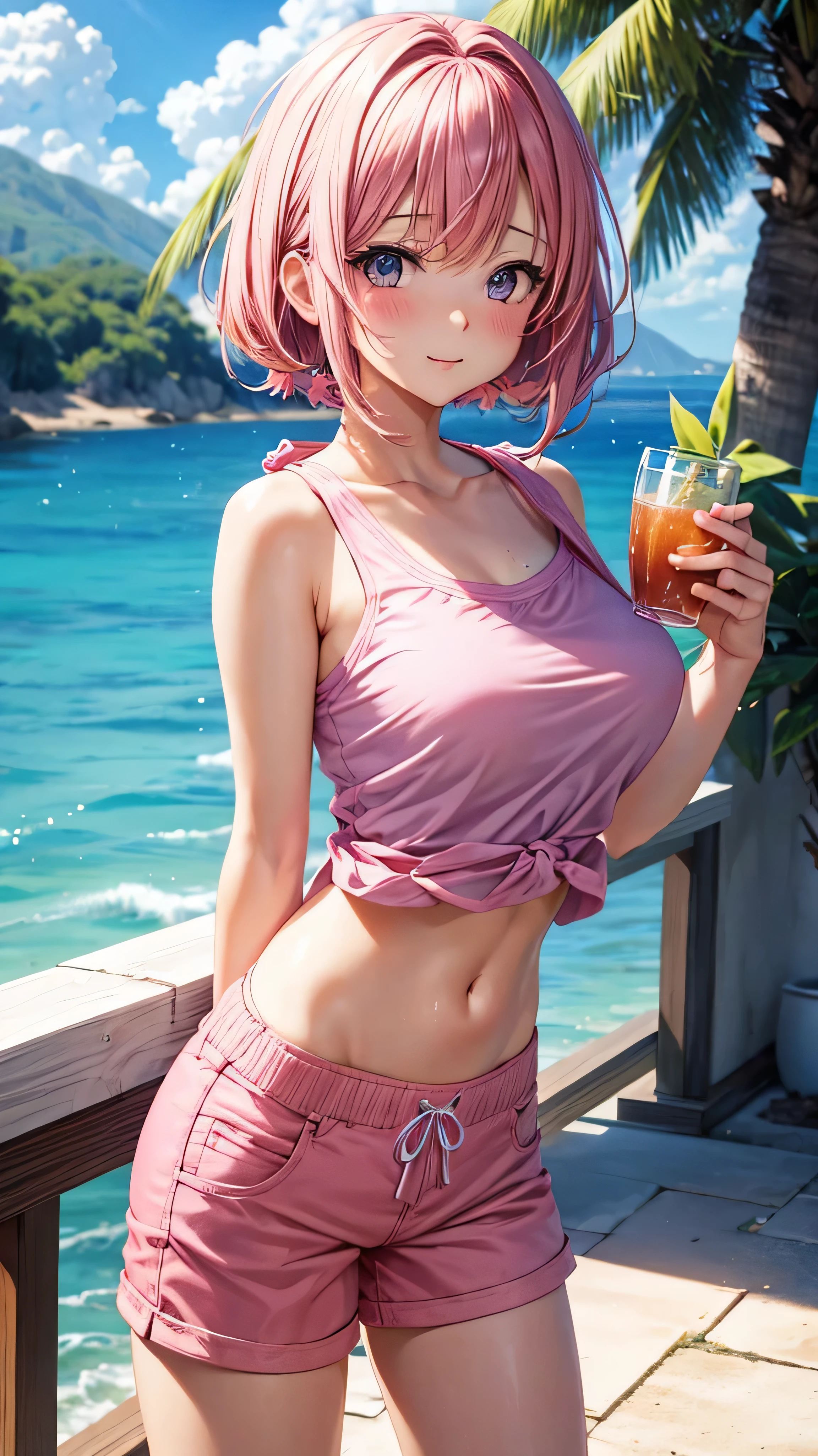  very sexy anime girl. pink shorts. pink top. drinking wather