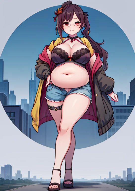 (masterpiece, best quality, highly detailed), 1girls, big belly, huge belly, art by kipteitei, round belly, chubby, curvy, belly grab, enormous belly, fat belly, thicc, bigger belly, really big belly, jiggly belly, glasses, unzipped jacket, (no shirt), bra, thight shorts, high heels, smug face ((full body)), long hair