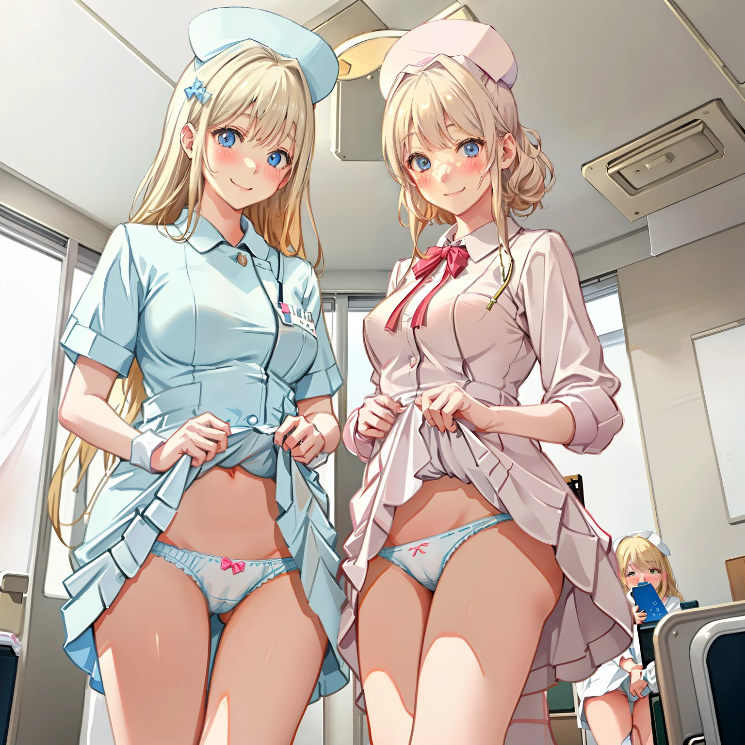 ((2 girls))、(smile:1.5)、Small breasts、（Cowboy Shot）、(fun!!)、(cardigan)、(blonde)、(blush:1.4)、(Wearing white nurse clothes:1.2)、(Single Blade)、(Eye highlights:1.3)、, Rest indoors, ((Hospital room:1.5))、 BREAK while watching the audience、(Grab the skirt:1.0)、 (Perfect hands, Perfect Anatomy),Cowboy Shot、(Skirt flip:1.3),(Highly detailed panties:1.3)、(Highly detailed white panties:1.3)、、(スカート that rolls up:1.3)、(Full-fledged panties:1.5)、Bright Blue Eyes、(White nurse uniform:1.5)
、(White nurse cap:1.5)、(White costume:1.8)、(White Uniform:1.8)、