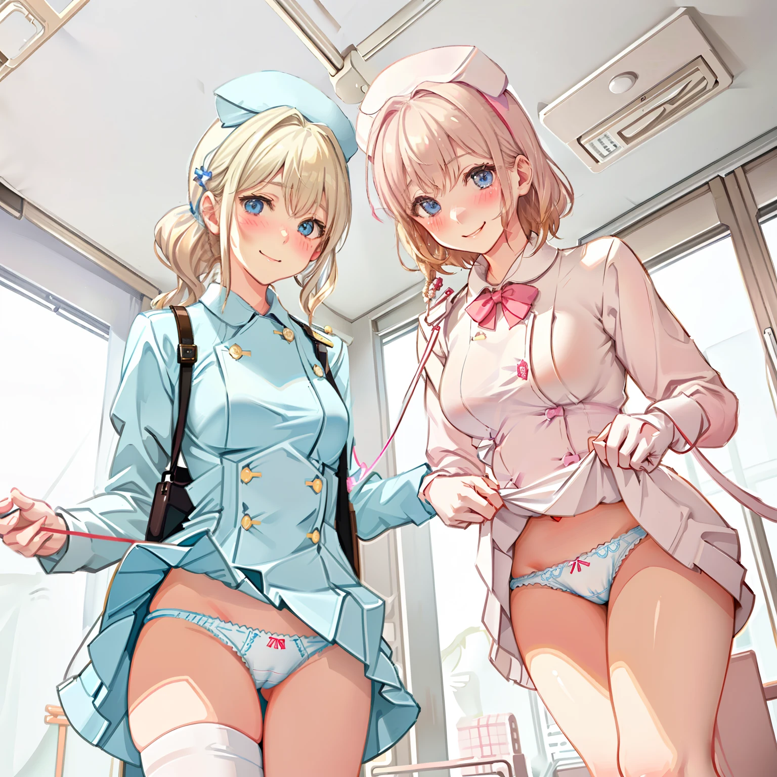 ((2 girls))、(smile:1.5)、Small breasts、(Cowboy Shot)、(fun!!)、(cardigan)、(blonde)、(blush:1.4)、(Wearing white nurse clothes:1.2)、(Single Blade)、(Eye highlights:1.3)、, Rest indoors, ((Hospital room:1.5))、 BREAK while watching the audience、(Grab the skirt:1.0)、 (Perfect hands, Perfect Anatomy),Cowboy Shot、(Skirt flip:1.3),(Highly detailed panties:1.3)、(Highly detailed white panties:1.3)、、(スカート that rolls up:1.3)、(Full-fledged panties:1.5)、Bright Blue Eyes、(White nurse uniform:1.5)
、(White nurse cap:1.5)、(White costume:1.8)、(White Uniform:1.8)、