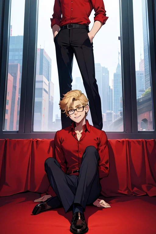 male, blonde short hair, blue eyes, (((1boy))), (((red dress shirt))), (black dress pants), (brown shoes), (glasses), long legs, smiling, single person