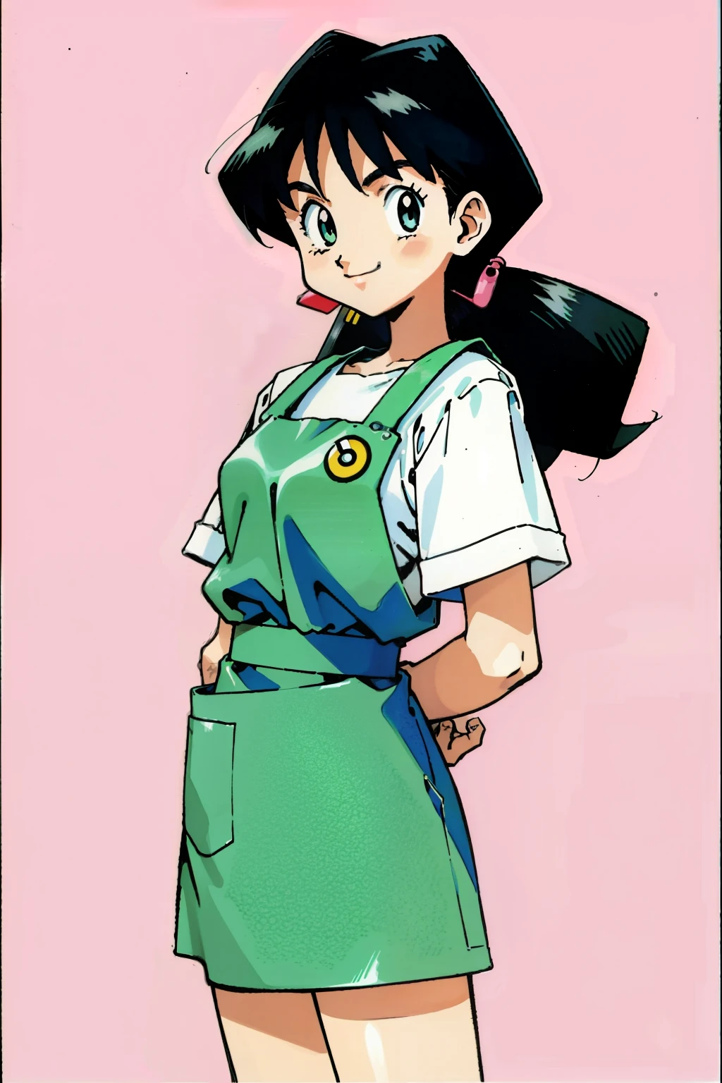 by Ken Sugimori, sugimori 1990s, ((only 1woman)), shop clerk, white shirt, green apron, smiling ((hands behind their back)), full black pupils, manga, best quality, highly detailed, clean lines, cowboy shot, good hands, good eyes, hd, 8k, professional, symmetrical, hires, 8k,