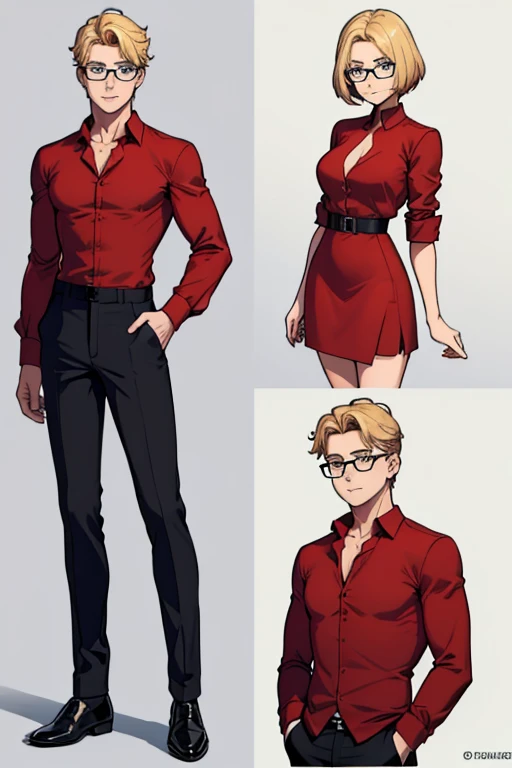 male, blonde short hair, blue eyes, (((1boy))), (((red dress shirt))), (black dress pants), (brown shoes), (glasses), long legs, smiling, single person
