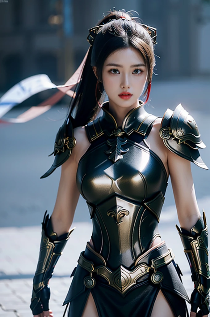 Game Art，Best picture quality，Maximum resolution，8k，(A bust photo)，(portrait)，(Head close-up)，(Rule of Thirds)，Unreal Engine 5 rendering works， (Future Girl)，(Female Warrior)， 
20-year-old girl，(ancient chinese warrior)，Eyes full of details，(Large Breasts)，Elegant and noble，indifferent，(brave)，
(Character costumes，Clothes with random patterns，ribbon，Combined Armor，Rich wearing details，)Chinese characters，Fantasy style，
Photo poses，wild background，Movie Lighting，Ray Tracing，Game CG，((3D Unreal Engine))，oc rendering reflection pattern