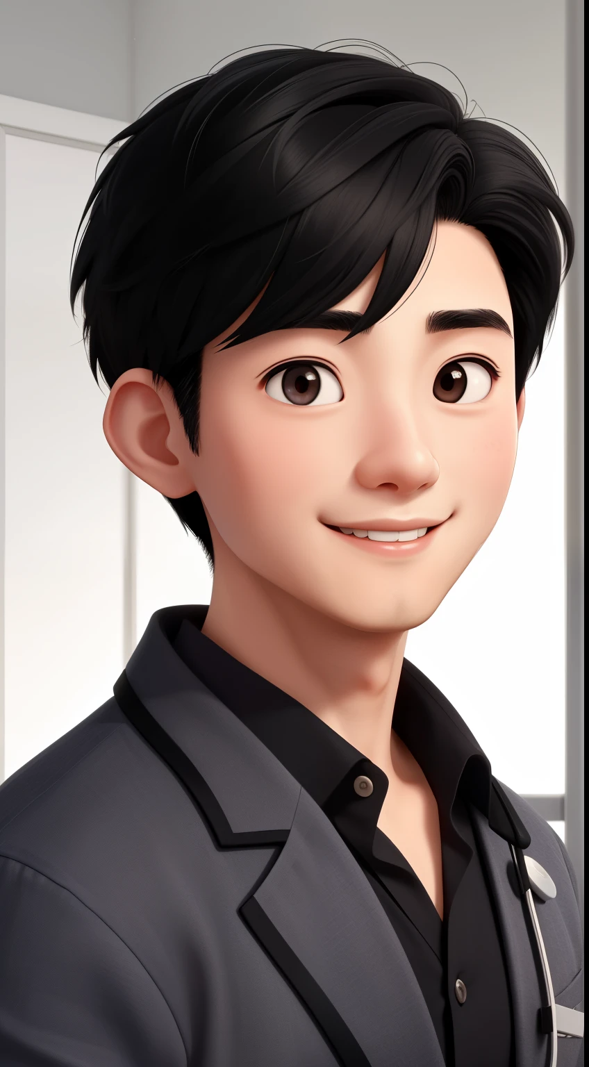 A 30-year-old Chinese male doctor with short black hair, face round, with a round face,attractive smile, and black eyes, Looking directly at