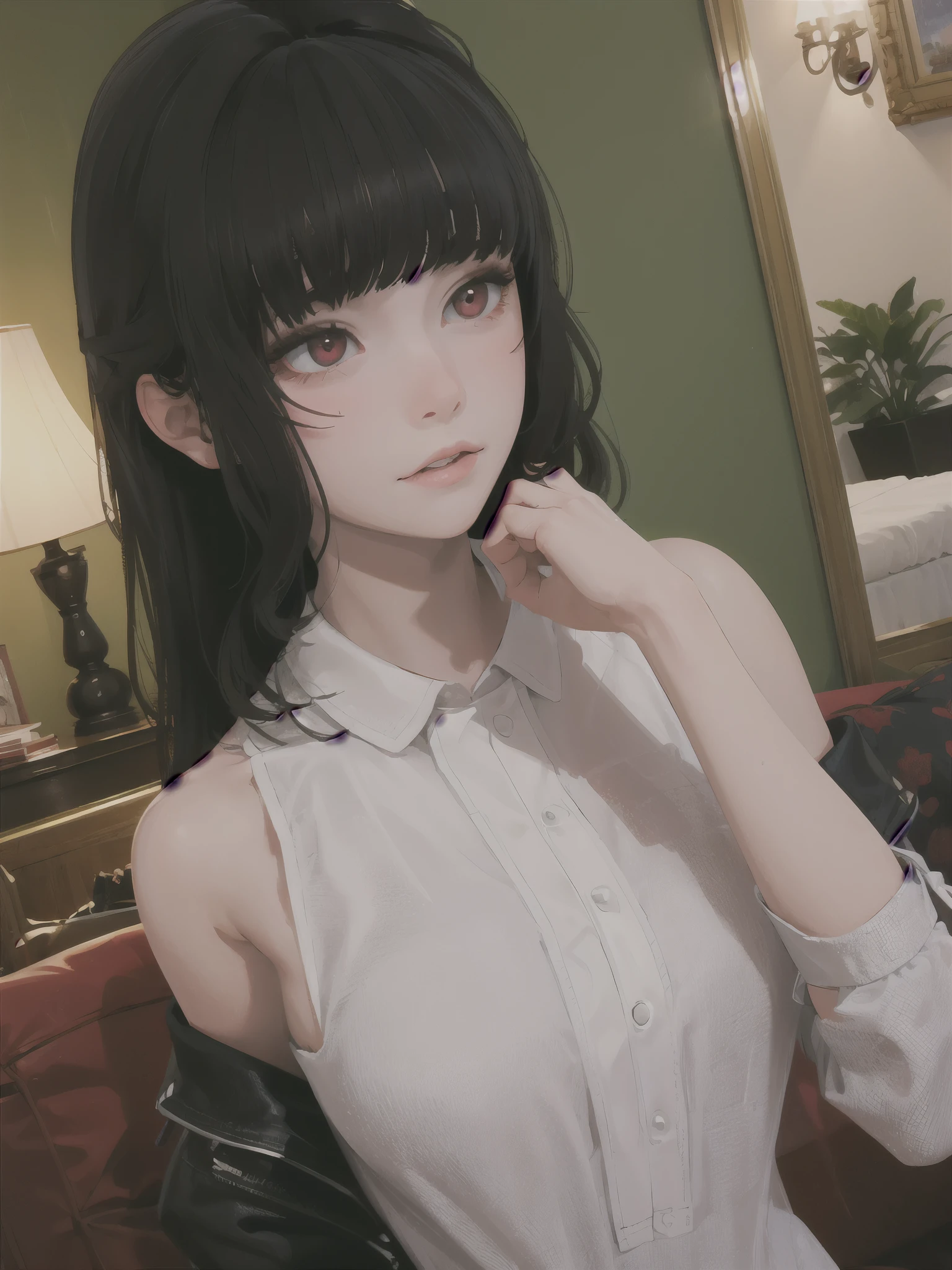 masterpiece, night, highly detailed, best quality, 1girl, solo, Luna, black hair, red eyes, blunt bangs