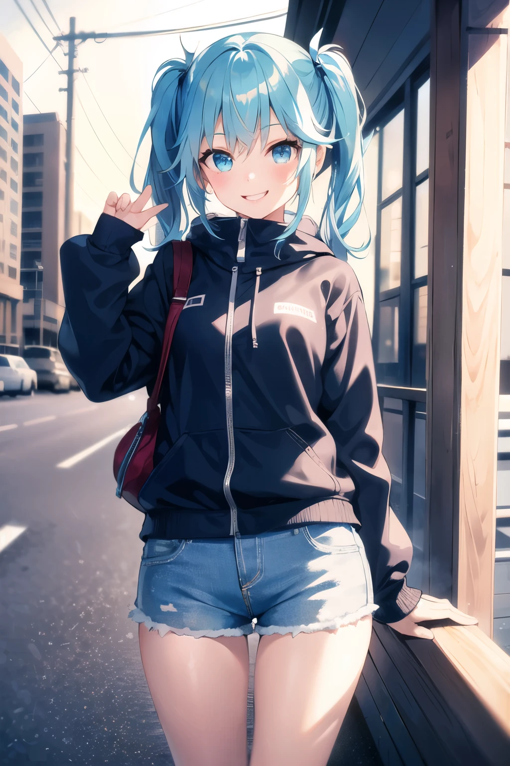 (morning), 1girl, solo, looking at viewer, winter, cowboy shot, (downtown), cowboy shot, smile, cyan hair, twin tail, high thighs, wet