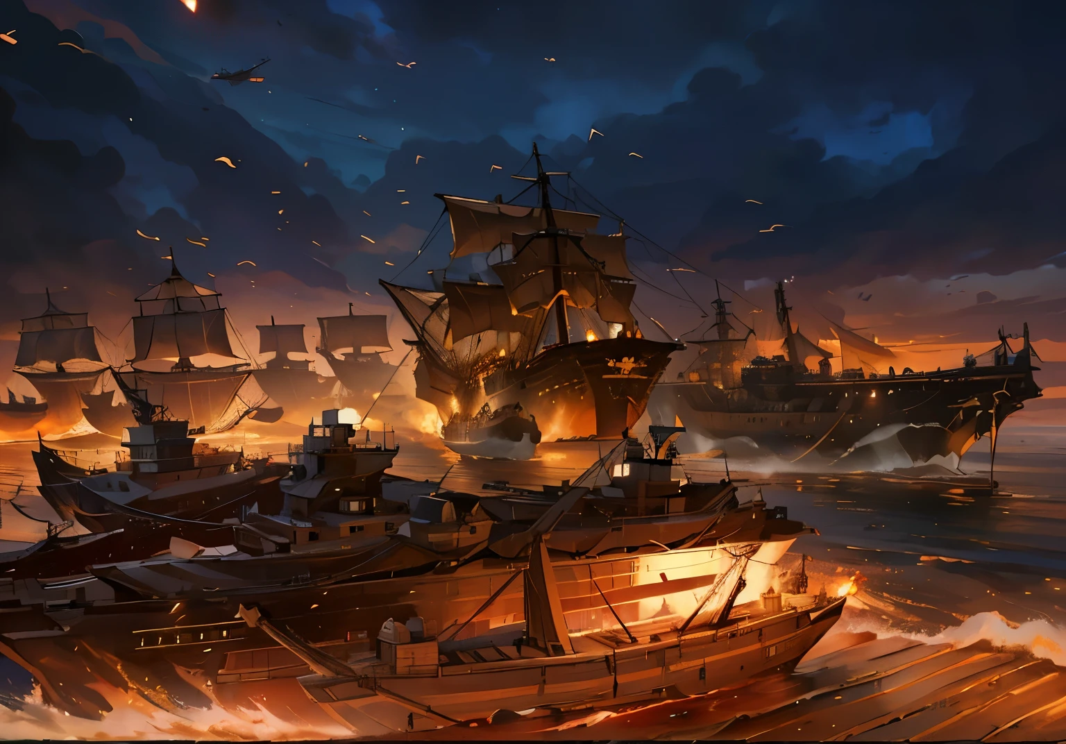 Ship with thick smoke in the water, Burning Ships, Ships fighting at night, epic naval battle, background artwork, ship on fire, Detailed game art illustrations, naval battle, naval battle, Draw as game concept art, Amazing wallpapers, high resolution drawing, Official ink art, 4K Fine Digital Art