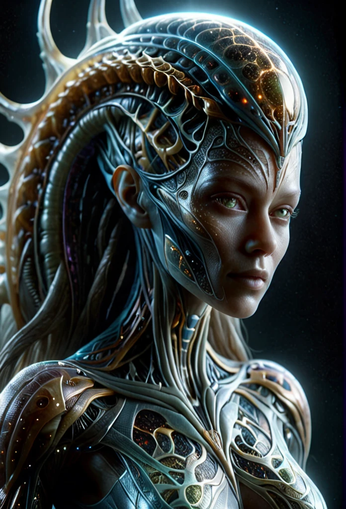 Alien queen portrait, interweaving technoanatomical and fractal elements, character design, Dynamic lighting that highlights multifaceted textures., Cinematic post-processing for exquisite visual storytelling., impresionante obra maestra surrealista