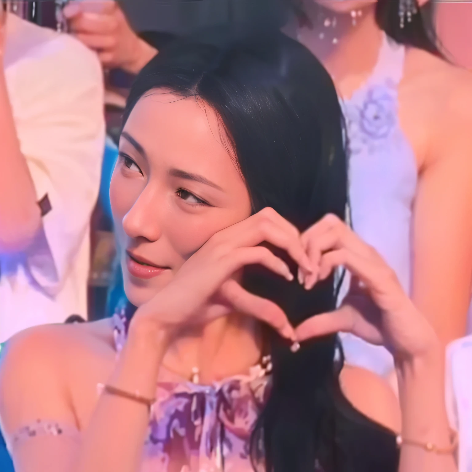 there is a woman that is holding a cell phone to her ear, japanese tv show, sui ishida with black hair, li bingbing, so happy that her face hurts, perfume, full heart - shaped face, itsuko azuma, ahhhhhhh, awwwww, forming a heart with their necks, mariko mori, kiyoko suzuki