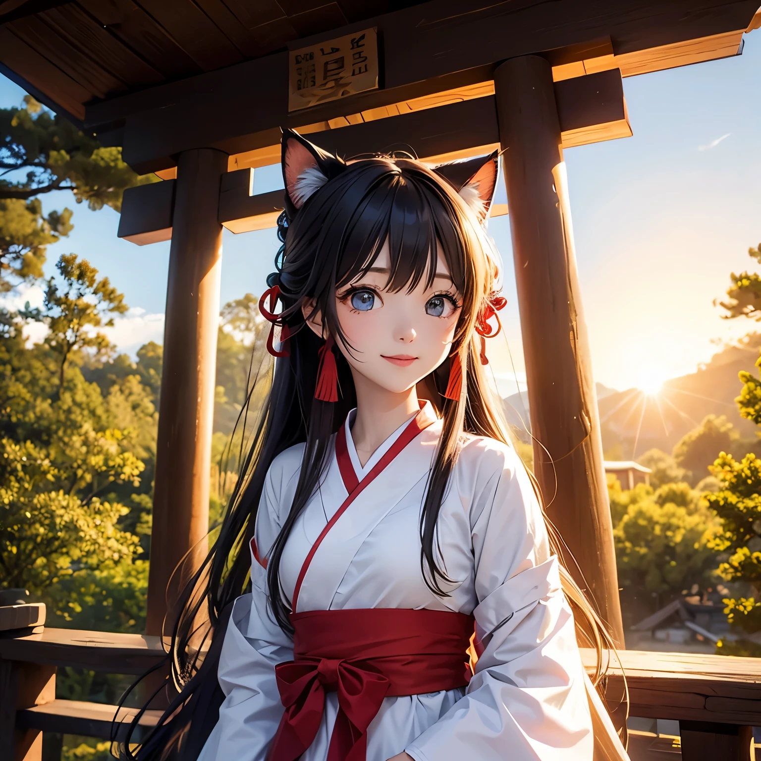 Cat ear、Shrine maiden、morning、sunrise、Red Torii Gate、in the forest、A cheerful smile、relax、older sister
