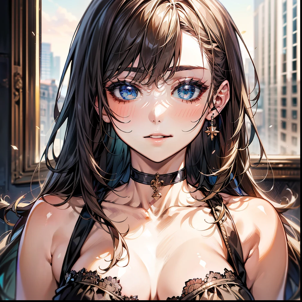 (Fine grain:1.4), beautiful, beautiful woman, Perfect Anatomy, Perfect body, Perfect breasts, ((choker:1.6)), Captivating Gaze, smile, realism, ((masterpiece, rough skin , Very detailed, Attention to detail, high quality, 最high quality, 1080p, 32k, Perfect Anatomy))