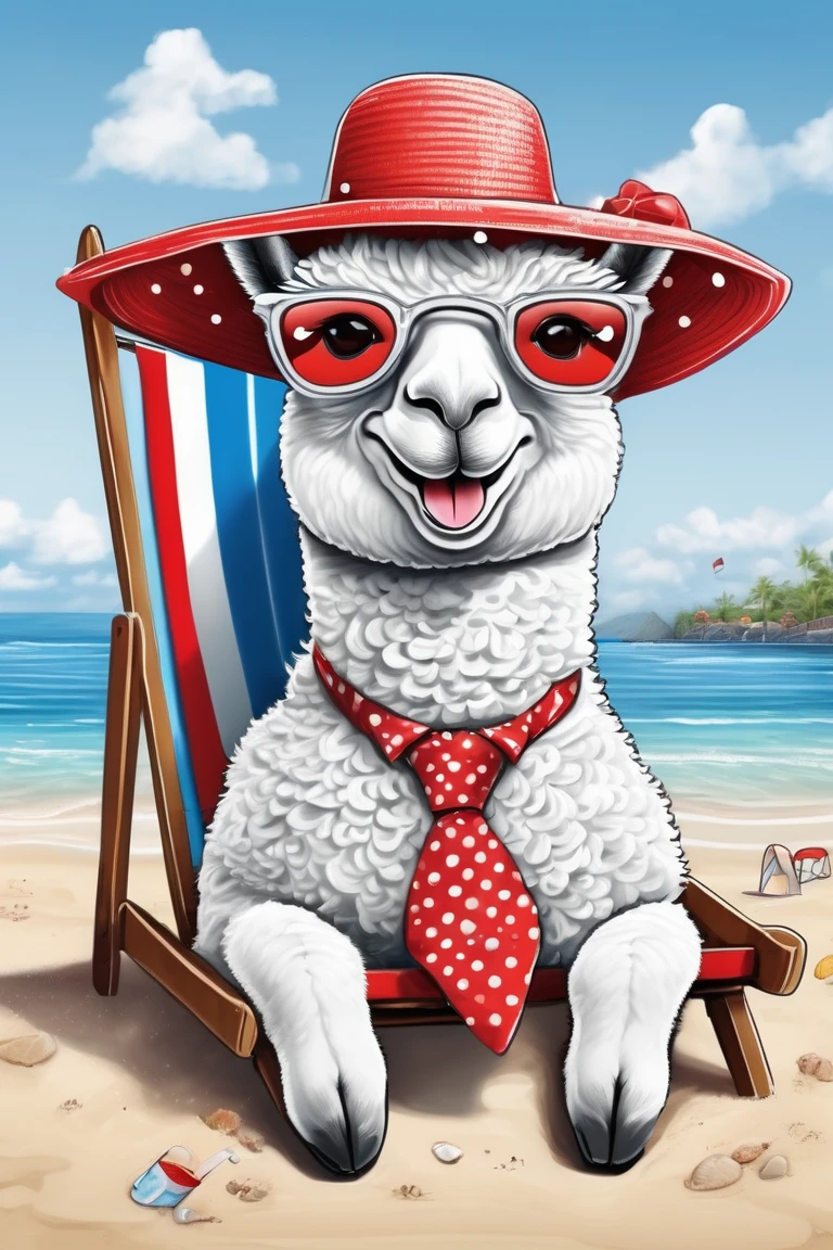 Leonardo style, Hand drawn black and white alpaca, Wear a sun hat, Red round glasses, Red tie, With small dots, Big smile and happy expression, Lying on a beach chair, Drink Coke, Beach, seaside, ultra high definition, illustration, UHD, masterpiece, ccurate, anatomically correct, textured skin, super detail, award winning, best quality, 8k