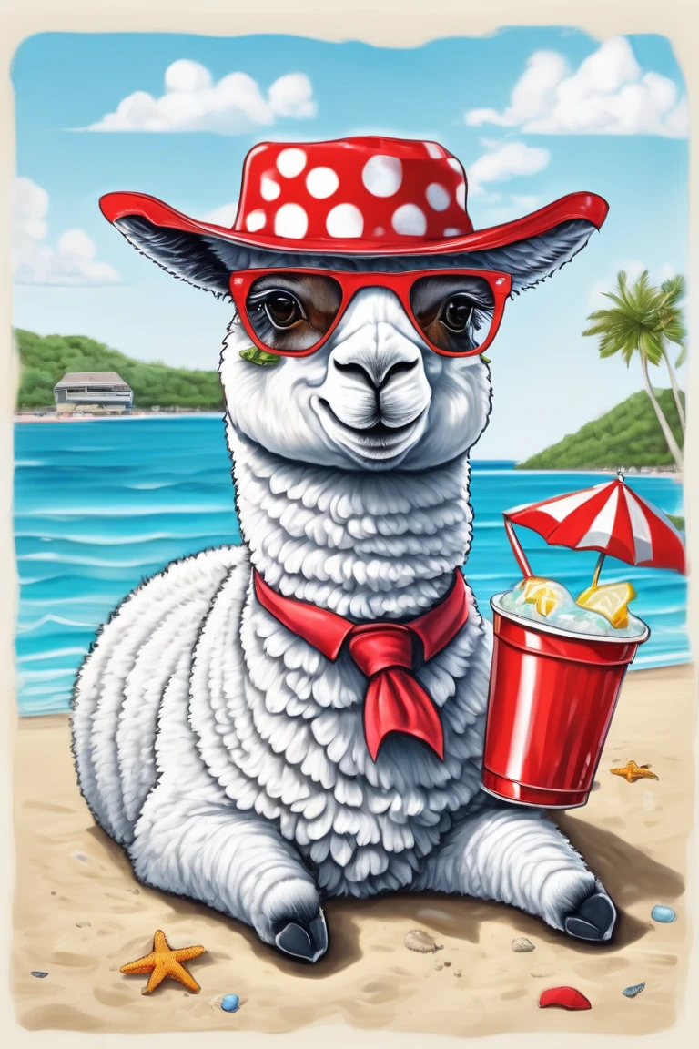 Leonardo style, Hand drawn black and white alpaca, Wear a sun hat, Red round glasses, Red tie, With small dots, Big smile and happy expression, Lying on a beach chair, Drink Coke, Beach, seaside, ultra high definition, illustration, UHD, masterpiece, ccurate, anatomically correct, textured skin, super detail, award winning, best quality, 8k