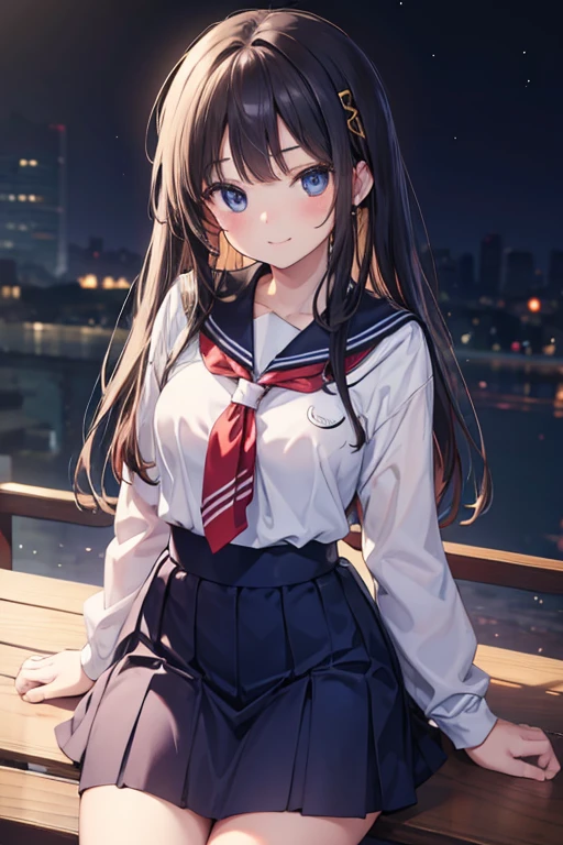 (masterpiece, highest quality: 1.2), 8K, young beautiful girl, 85mm, Official AR RAW Photo, baby face, big breasts, show your ears, photo shoot, cute face, thighs, after school class, looking at the audience, embarrassing、smile、 no makeup, film grain, chromatic aberration, sharp focus, face light, clear lighting, Ten generations, detailed face, background bokeh、((((((14 year old high school girl))))))、 thin waist、 clothes sailor、dark blue mini skirt、