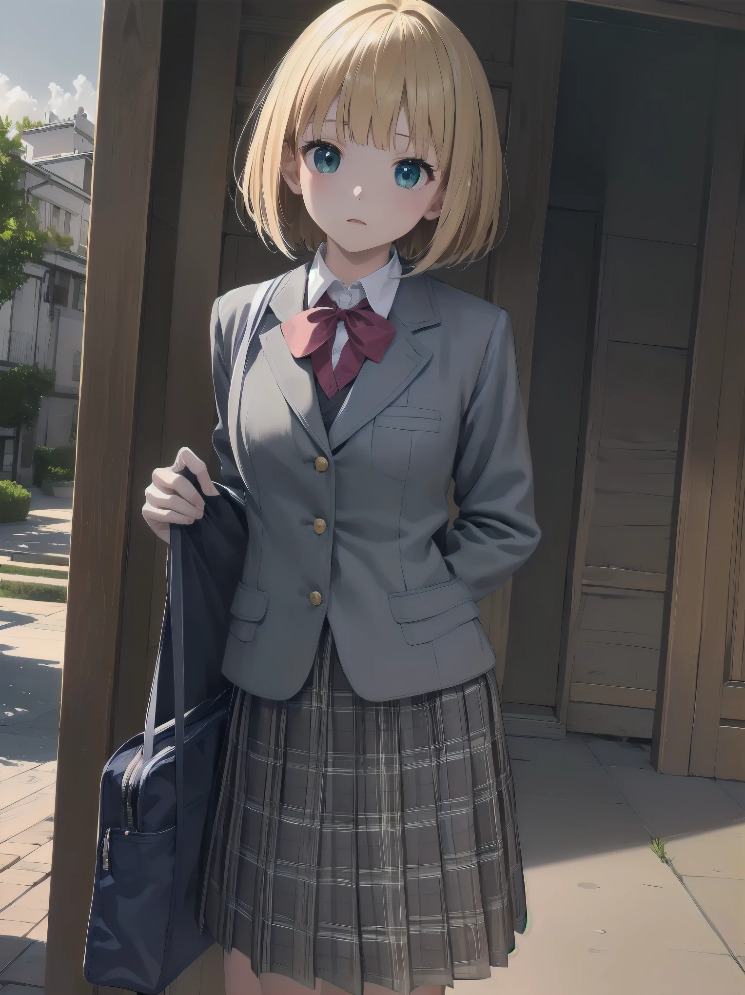 Top-High quality、Highest quality、masterpiece、High Contrast、Colorful、Elegance、Sexy expression、high school girl、Beauty、Bob cut braids、uniform、(red blazer)、Ribbon tie、(Green and gray plaid skirt)、(black tightovie-like shadows、fine shading、cute、Truly unbelievably cute absurd、outside、school trip、national treasures、Traditional buildings、blue sky