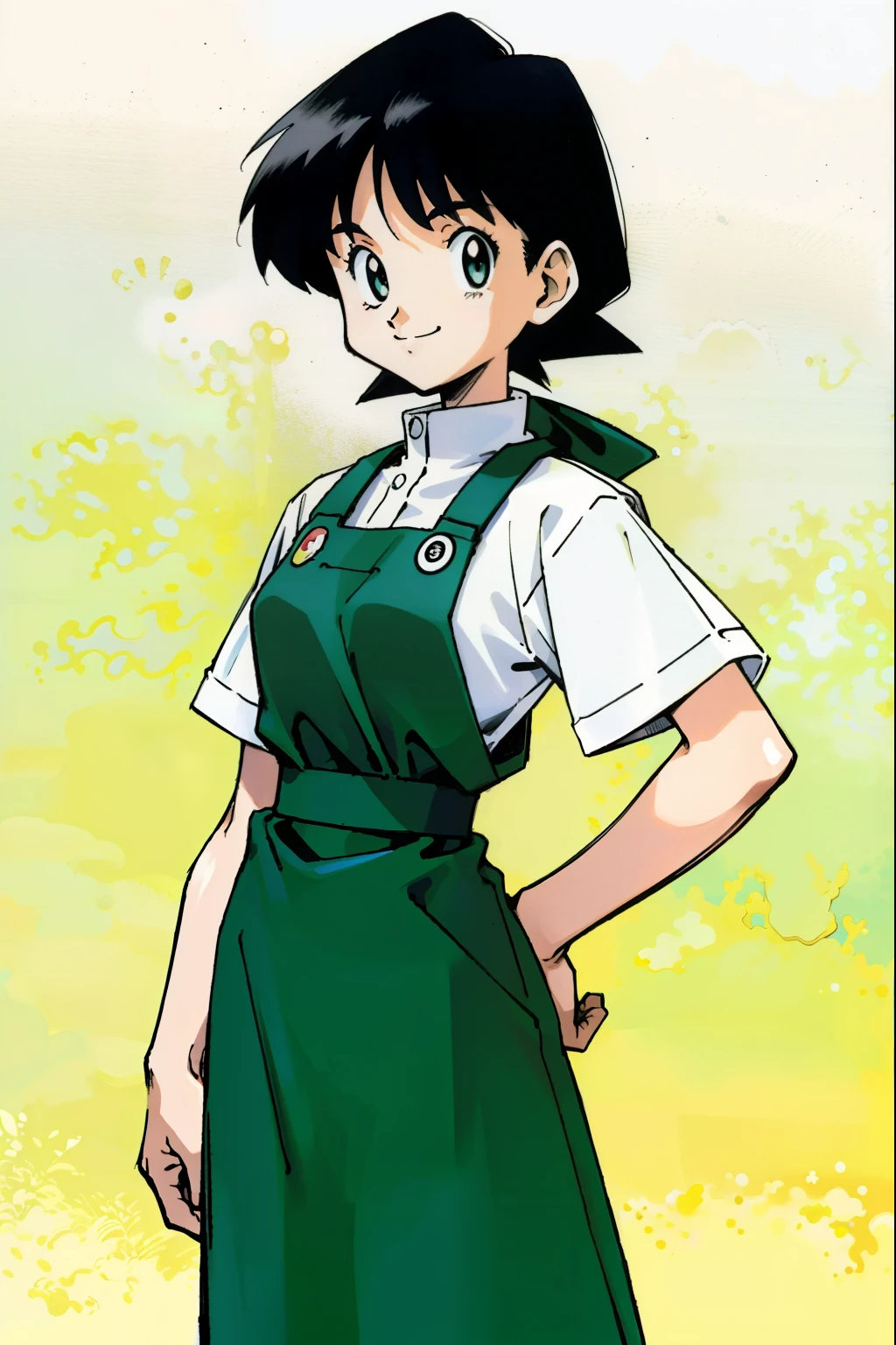 by Ken Sugimori, sugimori 1990s, ((only 1woman)), shop clerk, white shirt, green apron, smiling ((hands behind their back)), full black pupils, manga, best quality, highly detailed, clean lines, cowboy shot, good hands, good eyes, hd, 8k, professional, symmetrical, hires, 8k,