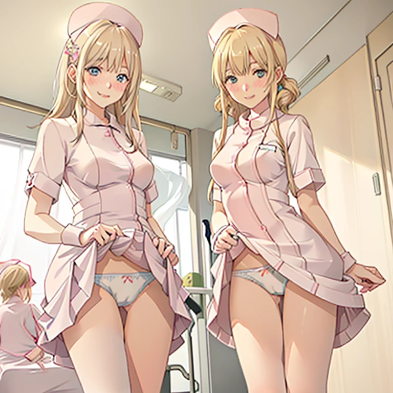 ((2 girls))、(smile:1.5)、Small breasts、(Cowboy Shot)、(fun!!)、(cardigan)、(blonde)、(blush:1.4)、(Wearing white nurse clothes:1.8)、(Single Blade)、(Eye highlights:1.3)、, Rest indoors, ((Hospital room:1.5))、 BREAK while watching the audience、(Grab the skirt:1.0)、 (Perfect hands, Perfect Anatomy),Cowboy Shot、(Skirt flip:1.3),(Highly detailed panties:1.3)、(Highly detailed white panties:1.3)、、(スカート that rolls up:1.3)、(Full-fledged panties:1.5)、Bright Blue Eyes、(White nurse uniform:1.5)
、(White nurse cap:1.5)、White costume、White Uniform、nurse uniform 、nurse cap
