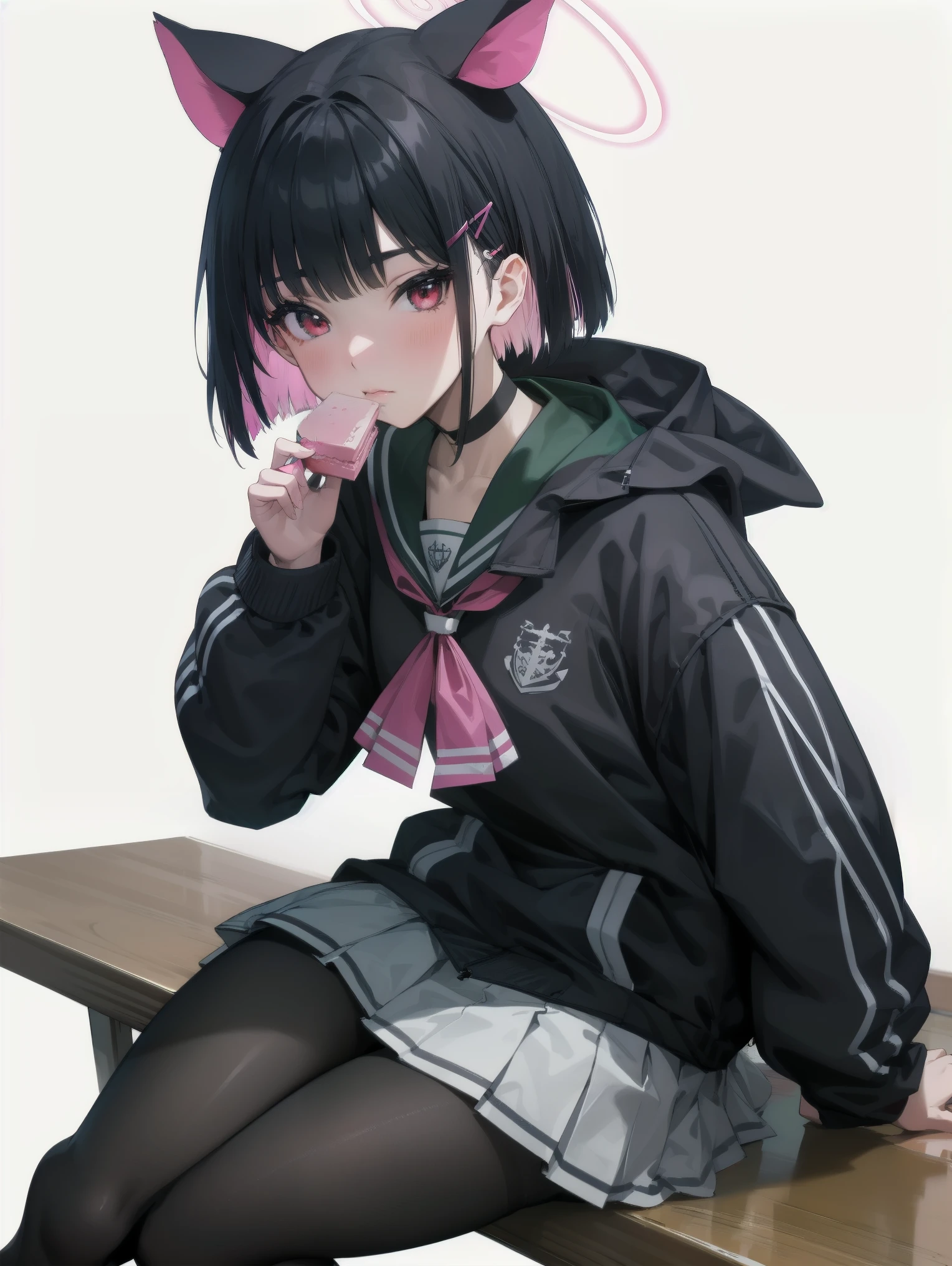 <lora:kazusa1:0.8> kazusadef, pantyhose, sitting, restaurant, outdoors, embarrassed, open mouth, masterpiece, best quality, highres, <lora:GoodHands-vanilla:1> nice hands, perfect hands