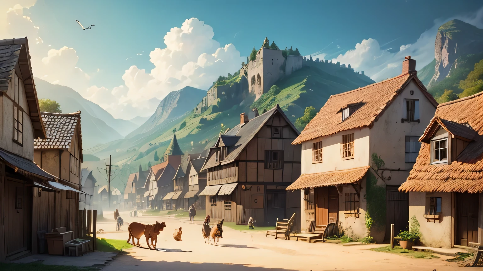 A village with some happy and playing animals