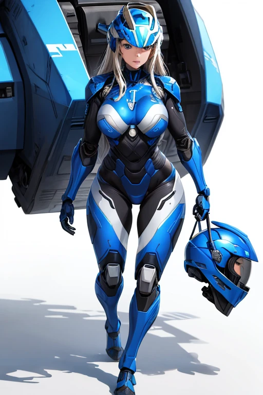 1girl,big chest,blue robot suit,wearing helmet,white background,full body,4k,8k,hd,ultra hd,detailed,