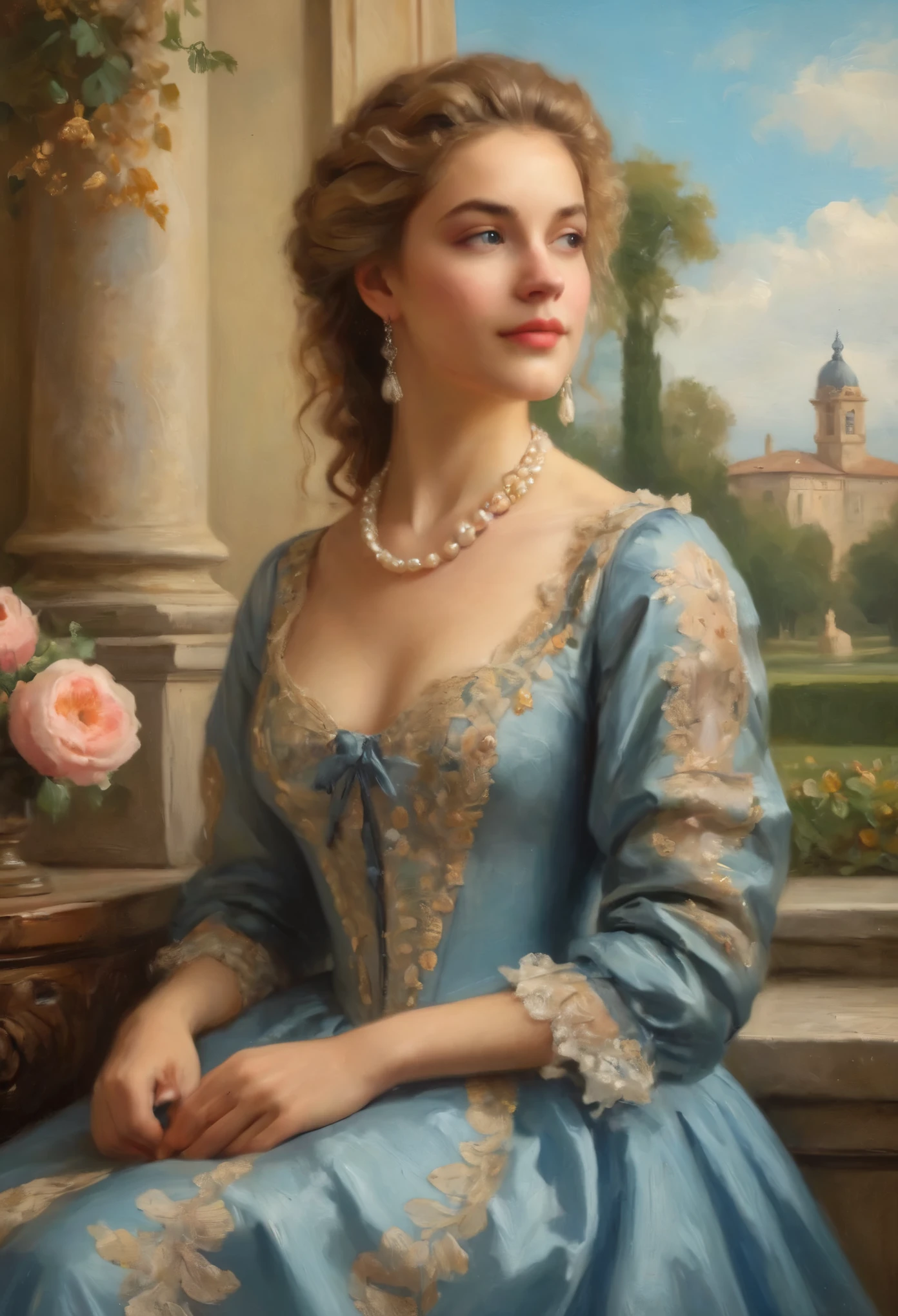 (best quality,4k,8k,highres,masterpiece:1.2),ultra-detailed,(realistic,photorealistic,photo-realistic:1.37),18th-century portrait,Italian girl,15 years old,stunningly beautiful,portrait,prominent family background,vibrant colors,soft lighting,porcelain skin,rosy cheeks,piercing blue eyes,flowing golden locks,delicate features,gently smiling lips,ornate dress,lace details,pearl accessories,lush garden background,evoking elegance and sophistication,classic painting style,baroque influences,meticulous brushstrokes,subtle shading,exquisite attention to detail,intricate patterns,studio lighting,historical charm,graceful posture,subtle gaze,vivid floral arrangement,impeccable composition,rich color palette,epitome of beauty and grace,showcasing the youth and allure of the subject.