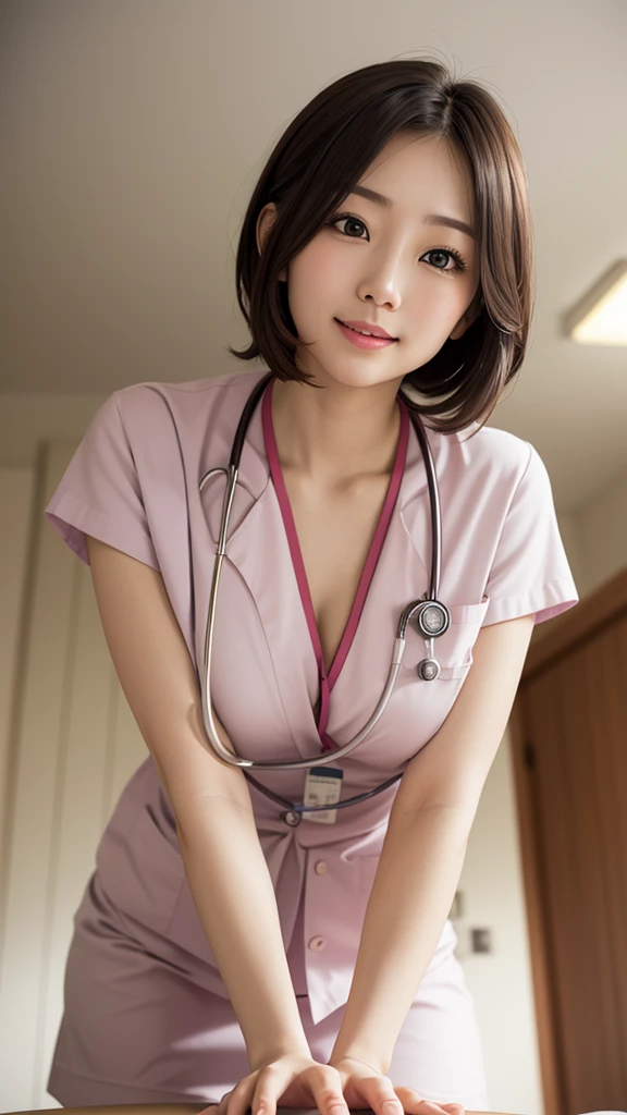 (photo Practical:1.4), (hyper Practical:1.4), (Practical:1.3), (Smoother lighting:1.05), (Improving the quality of film lighting:0.9)、Natural light、Professional photos, Practical portrait,(1 female), Medium Length Hair, Beautiful face and eyes, very cute face, Smile, vitality, vitality, (Real short nurse uniform:1.2), light pink, White, (Chest Nurse:1.4), (Ward), stethoscope, Whiteい壁紙, Sexy girl portrait, (view from below:1.2)