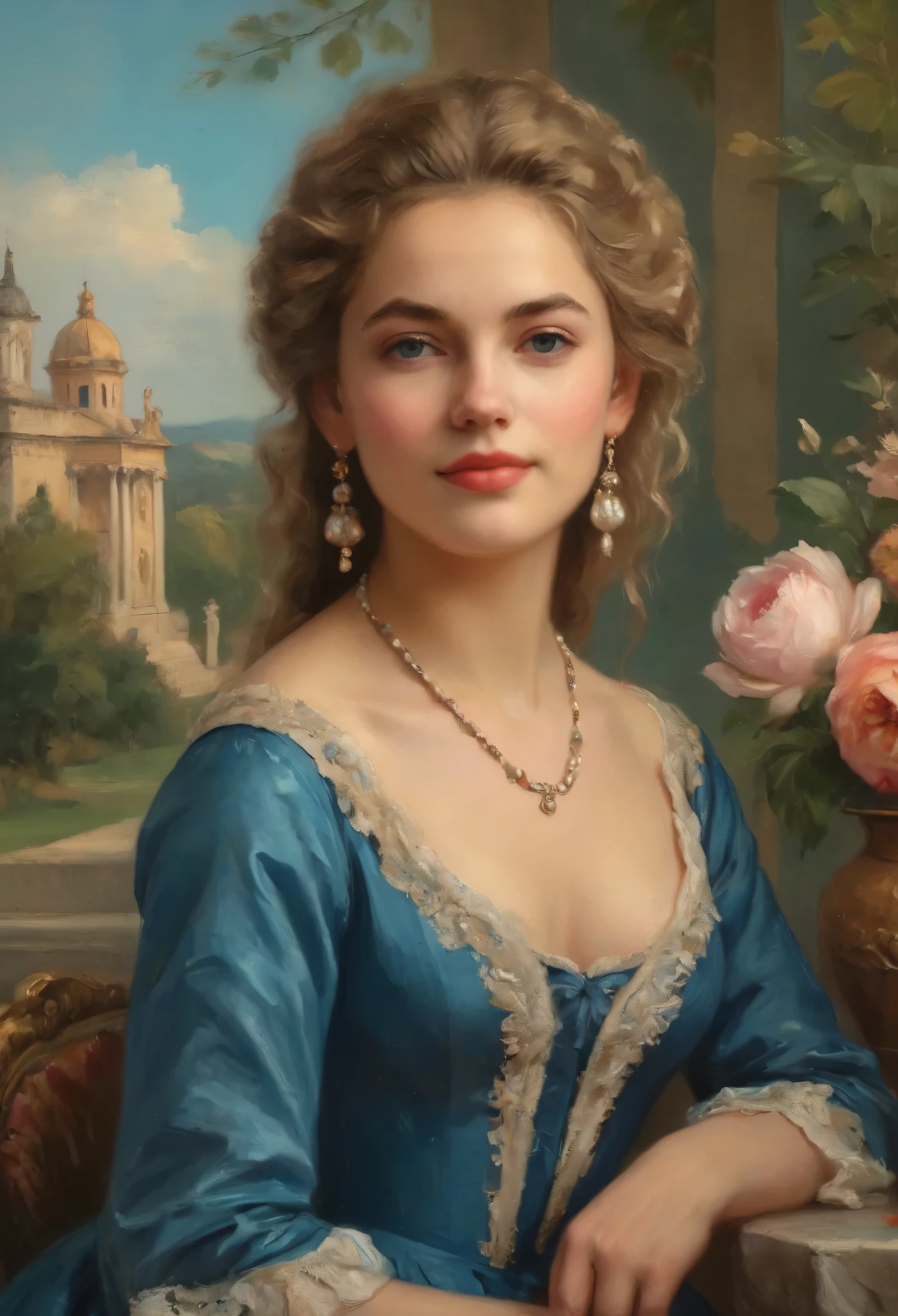[beste-Qualit, tmasterpiece, extra high resolution, photo-realistic, in the style of pin-up, 1girl, off-shoulder, ssmile:20]Background, intricate Renaissance landscape, higly detailed, impressionism:0.2