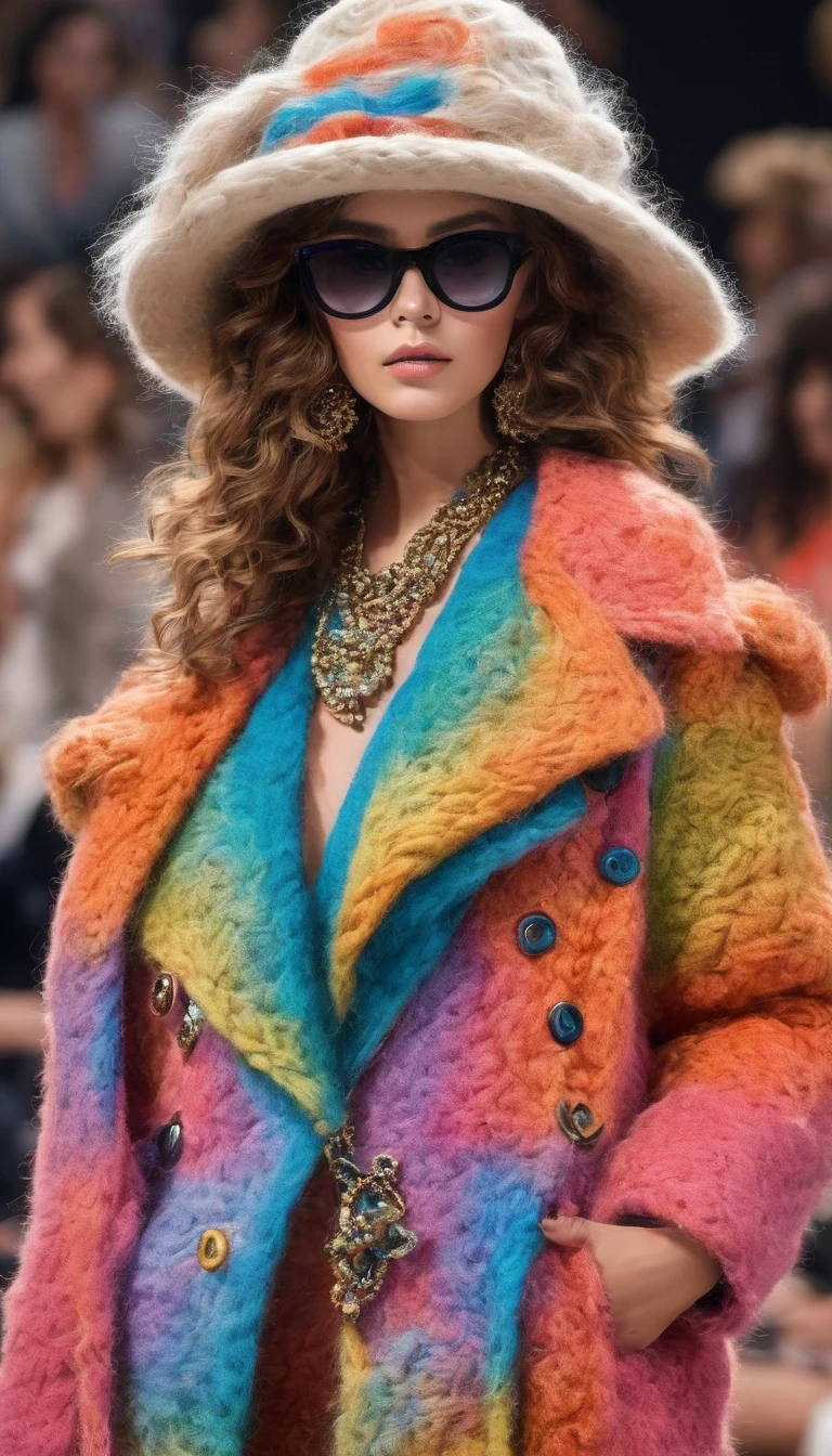 Alpaca, full body, 2024 Chanel fashion show, anthropomorphic, cute, seductive, catwalk, glamorous, makeup, cool, sunglasses, necklace, hat, fashion, cartoon, background: fashion show runway. (best quality, 4k, 8k, highres, masterpiece:1.2), ultra-detailed, (realistic, photorealistic, photo-realistic:1.37), HDR, UHD, studio lighting, extreme detail description, professional, vivid colors, bokeh, portraits, trendy colors, spotlight.