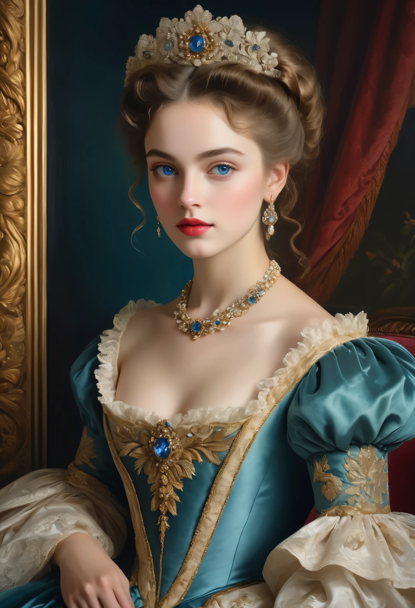 (highres,masterpiece:1.2),(realistic:1.37)A portrait of a French aristocrat girl in the 18th century with unparalleled beauty. She has mesmerizing blue eyes and delicate rosy lips. The portrait is meticulously detailed, capturing every subtle nuance of her features. She is adorned in an exquisite silk gown, embellished with intricate lace and delicate embroidery. The painting showcases the opulence of the era, with lush velvet curtains and gilded furniture in the background. The lighting is soft and diffused, accentuating the girl's ethereal beauty. The colors are vibrant and rich, creating a captivating visual experience. The portrait is created in the style of classical portraiture, reminiscent of the works of renowned artists from the era. It exudes elegance, grace, and sophistication.