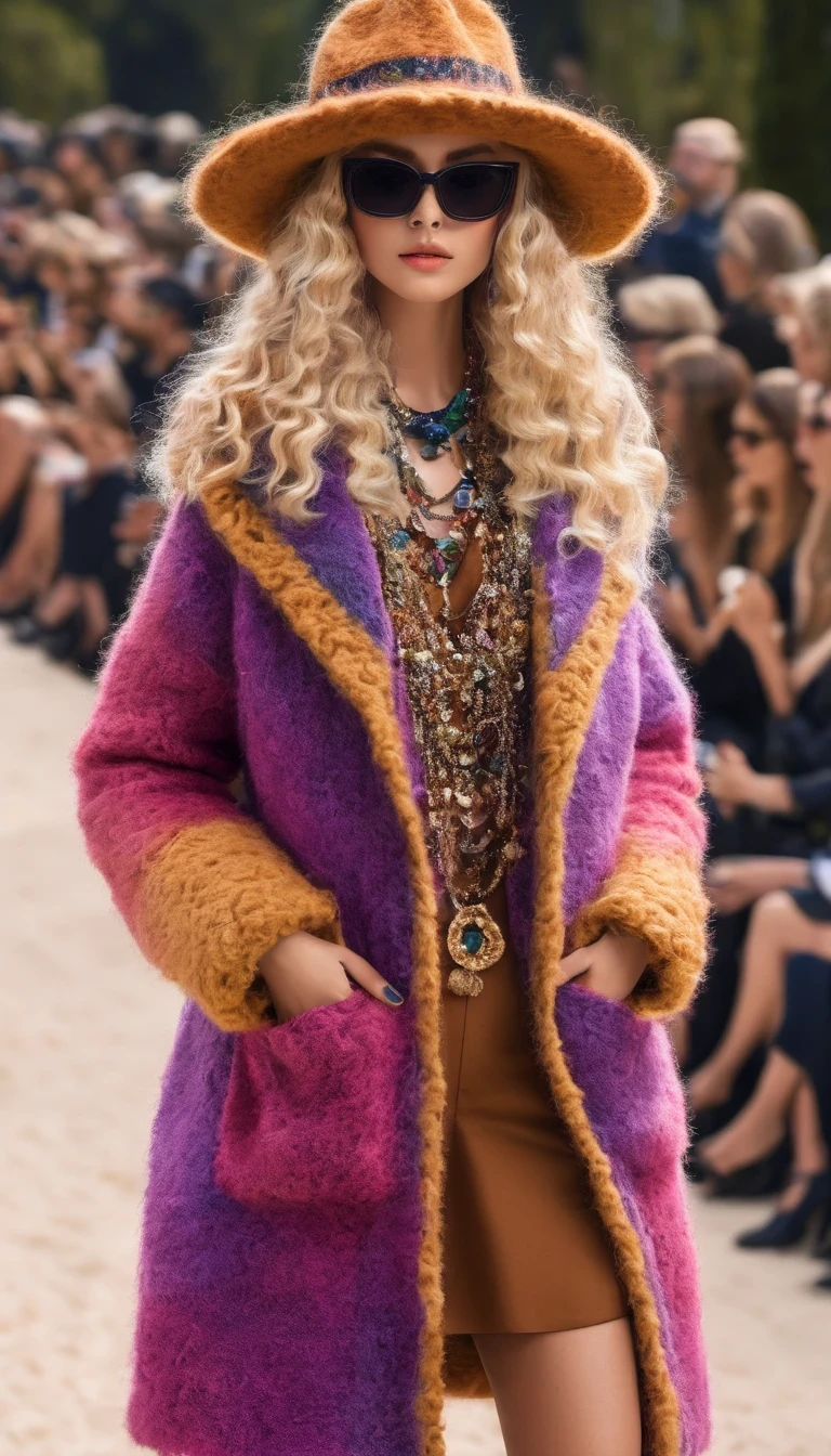 Alpaca, full body, 2024 Chanel fashion show, anthropomorphic, cute, seductive, catwalk, glamorous, makeup, cool, sunglasses, necklace, hat, fashion, cartoon, background: fashion show runway. (best quality, 4k, 8k, highres, masterpiece:1.2), ultra-detailed, (realistic, photorealistic, photo-realistic:1.37), HDR, UHD, studio lighting, extreme detail description, professional, vivid colors, bokeh, portraits, trendy colors, spotlight.