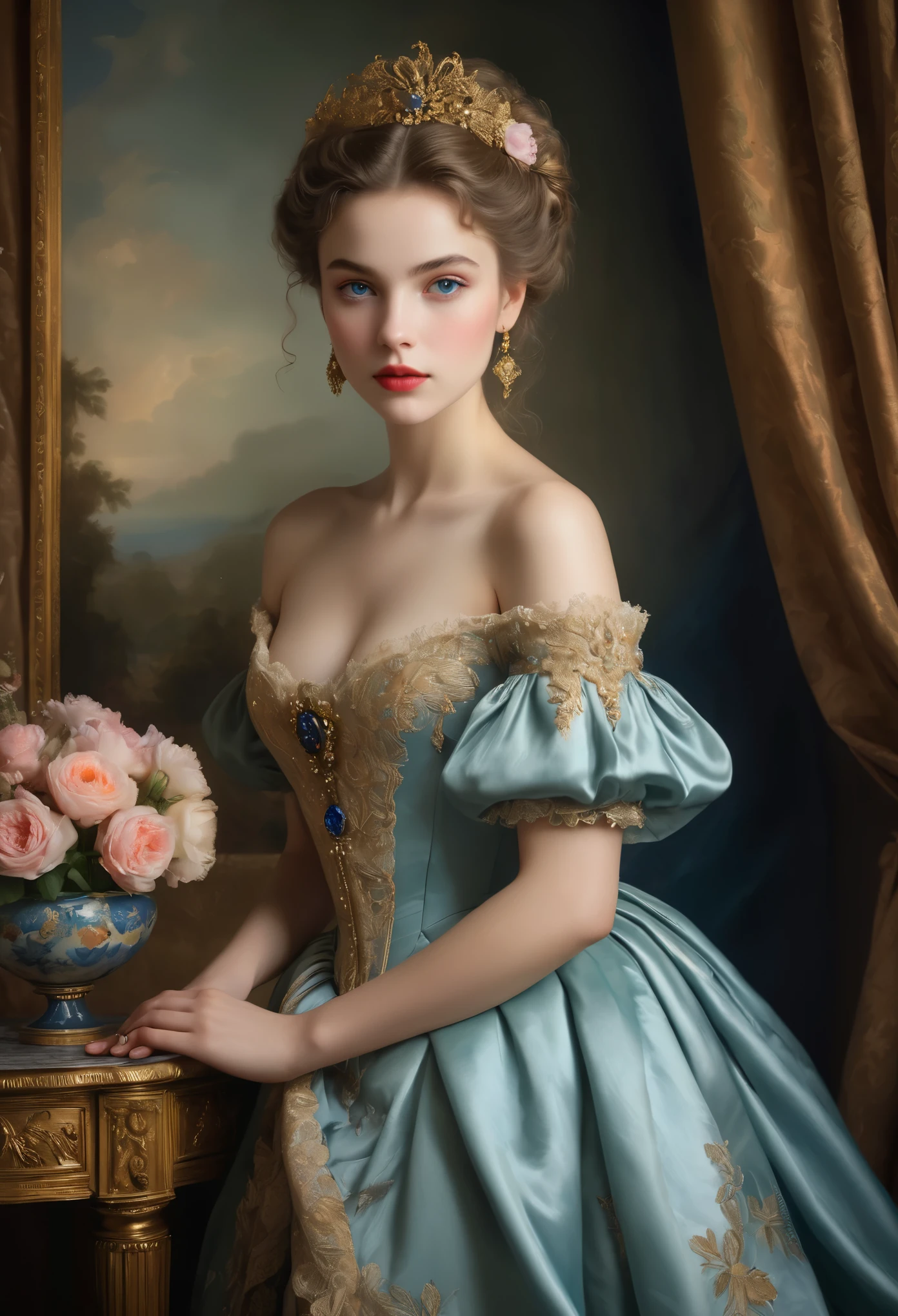 (highres,masterpiece:1.2),(realistic:1.37)A portrait of a French aristocrat girl in the 18th century with unparalleled beauty. She has mesmerizing blue eyes and delicate rosy lips. The portrait is meticulously detailed, capturing every subtle nuance of her features. She is adorned in an exquisite silk gown, embellished with intricate lace and delicate embroidery. The painting showcases the opulence of the era, with lush velvet curtains and gilded furniture in the background. The lighting is soft and diffused, accentuating the girl's ethereal beauty. The colors are vibrant and rich, creating a captivating visual experience. The portrait is created in the style of classical portraiture, reminiscent of the works of renowned artists from the era. It exudes elegance, grace, and sophistication.