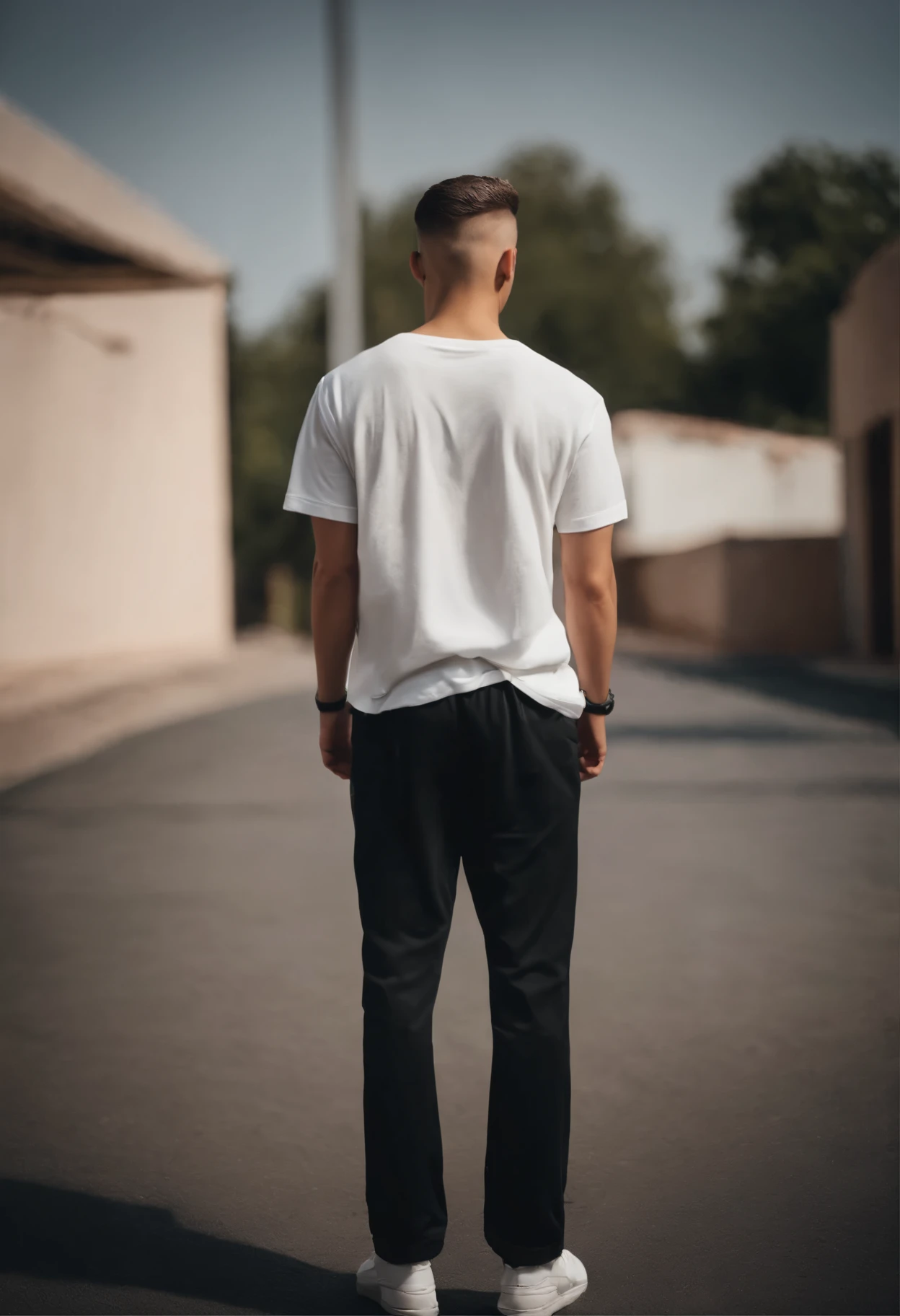 male, man, 18 year old, white t-shirt, back view, buzzcut hair, wide pants