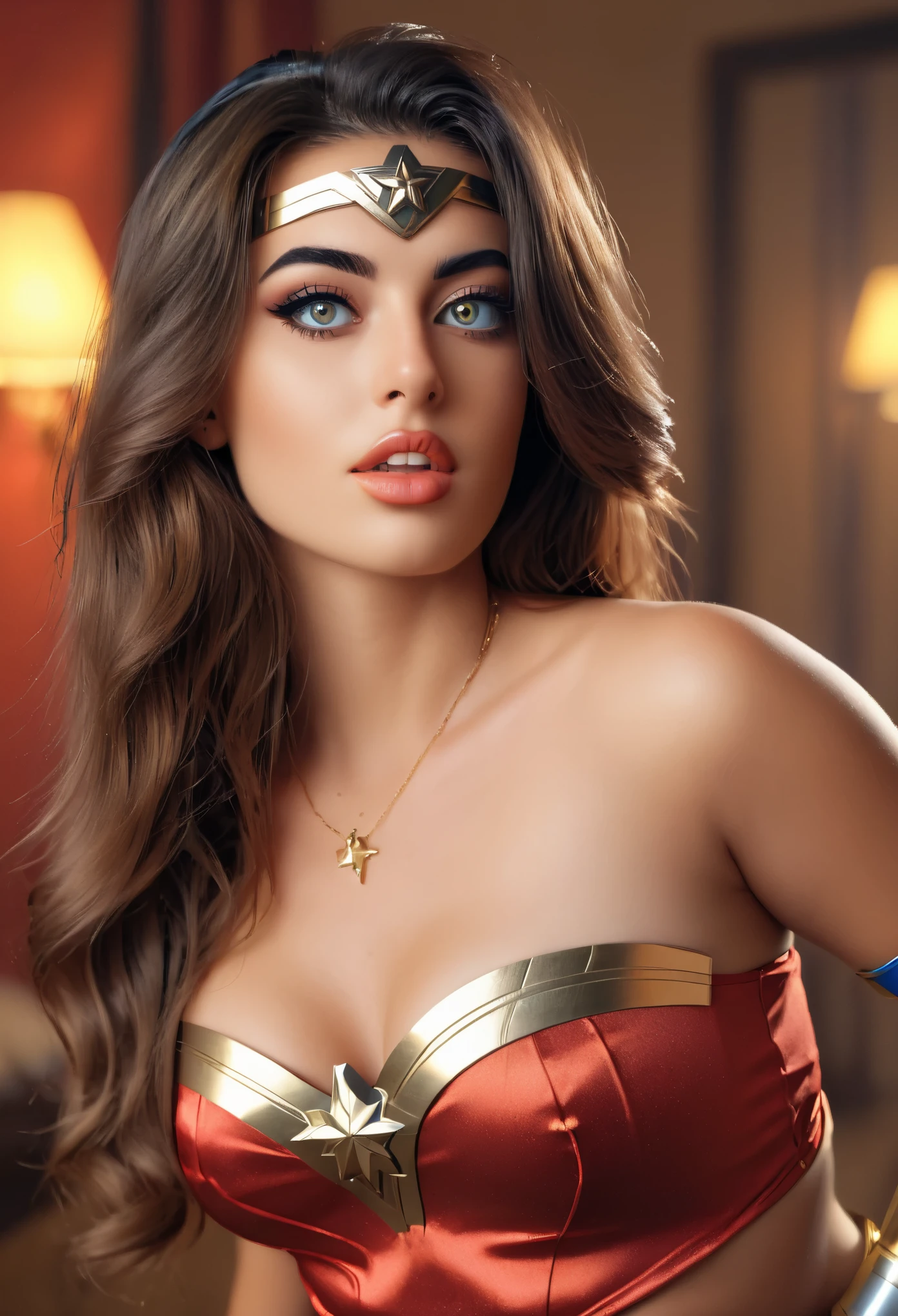 (best quality,4k,ultra-realistic:1.2),ultra-detailed,(photorealistic:1.37) sexy beautiful Izabela Ion dressed as Wonder Woman , in the style of realism, natural lighting, sexy pinup, 8k resolution, , full body
