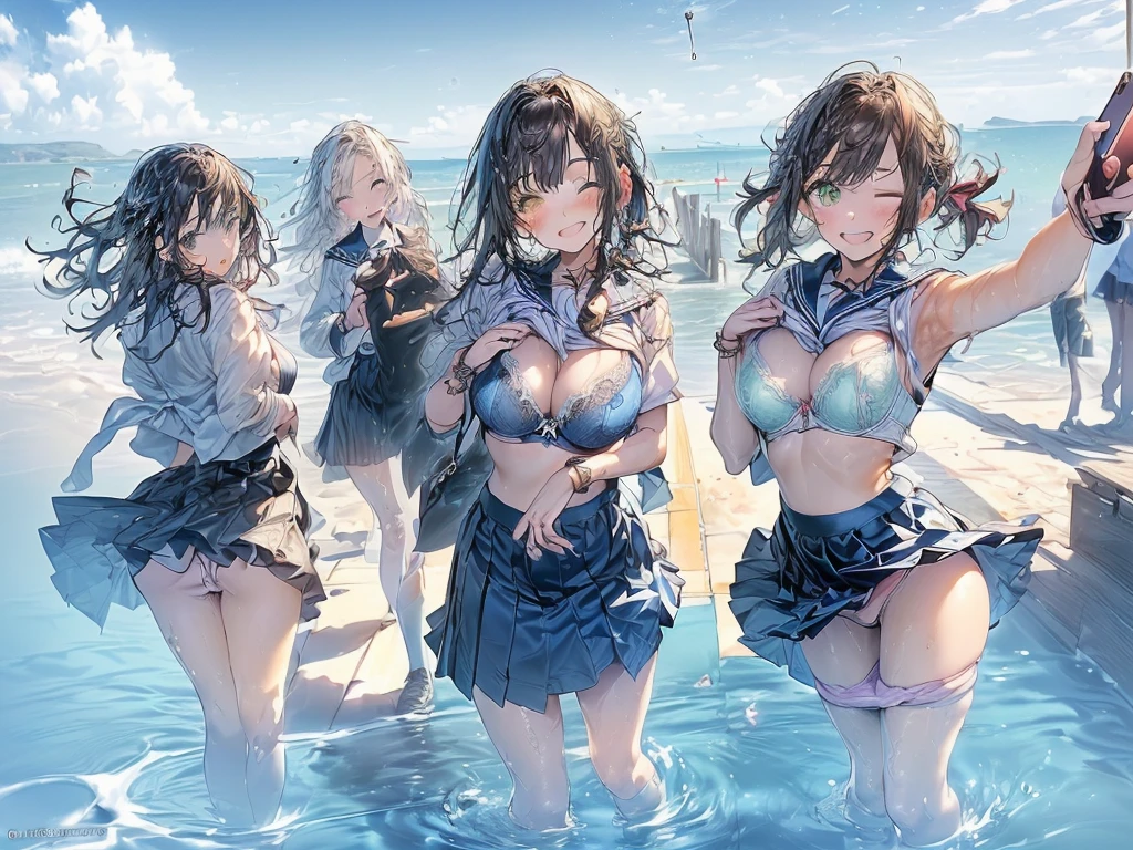 nswf:1.3,((masterpiece, highest quality, High resolution, 超High resolution, Pixel Perfect, Written boundary depth, 4k, RTX, human development report))), , beauty、View the whole body、((((looking down at viewer)))), (masterpiece: 1.2, highest quality, masterpiece, Clearer images), (Bright colors), ((Take clear photos even from a distance)), ((Multiple Girls)), ((Harem)), ((School classmates)), (((All school uniforms have the same design))), (((Everyone is wearing the same navy blue skirt))), (((Everyone is wearing a swimsuit of a different color and design.))),(()), ((prostitution婦)), (On the beach in Okinawa), (smile)、((youth)),(((Excited))),(((cute Japanese((6 girls))), (((infant'Face))), ((Group shot)), (((Group selfie))), ((ass visible through thighs:1.4))、Wide-angle, Soft Light、(((Blazer uniform, Checkered pleated skirt,White Shirt)))、(Slightly larger breasts), ((prostitution)), ((viewers love it)), Landscape、(((show panty:1.6)))、((breast grab:1.3)),(((bra lift:1.2)))、 ((Green Eyes, Beautiful eyelashes, Realistic eyes)), ((Detailed face, blush:1.2)), ((Smooth texture:0.75, Vibrant质感:0.65, Vibrant:1.1, Anime CG Style)), Medium breast, Perfect body, Beautiful curves、beautiful legs、thin、smile, (((Attractive way to stand))),((Model pose)), Aerith Gainsborough, Hair Ribbon, bracelet, brown hair, Side Lock, Parted bangs, Green Eyes, Braid, ((()Award-winning design underwear))、(((Everyone wears different colors and designs of underwear.))),((((open legs:1.4)))、((breast grab:1.3)),(((bra lift:1.2)))、((((Skirt lift panty)))),Detailed depiction of the crotch、(water droplets:1.2)、(Stand with your feet apart), ((((Are standing)))), (Her legs were spread), (Made to stand with legs apart..) ,((Attractive way to stand)),(((Uplifting)))、(water droplets:1.2)、(Rising Wind:1.5),please stand facing me、 thin脚, ((one eye closed))、((((selfie))))、((Hair fluttering in the wind)),((Hold your hair in your hands)),((arm behind head)),(((leaning forward)))、((((Get excited)))),Inner thighs